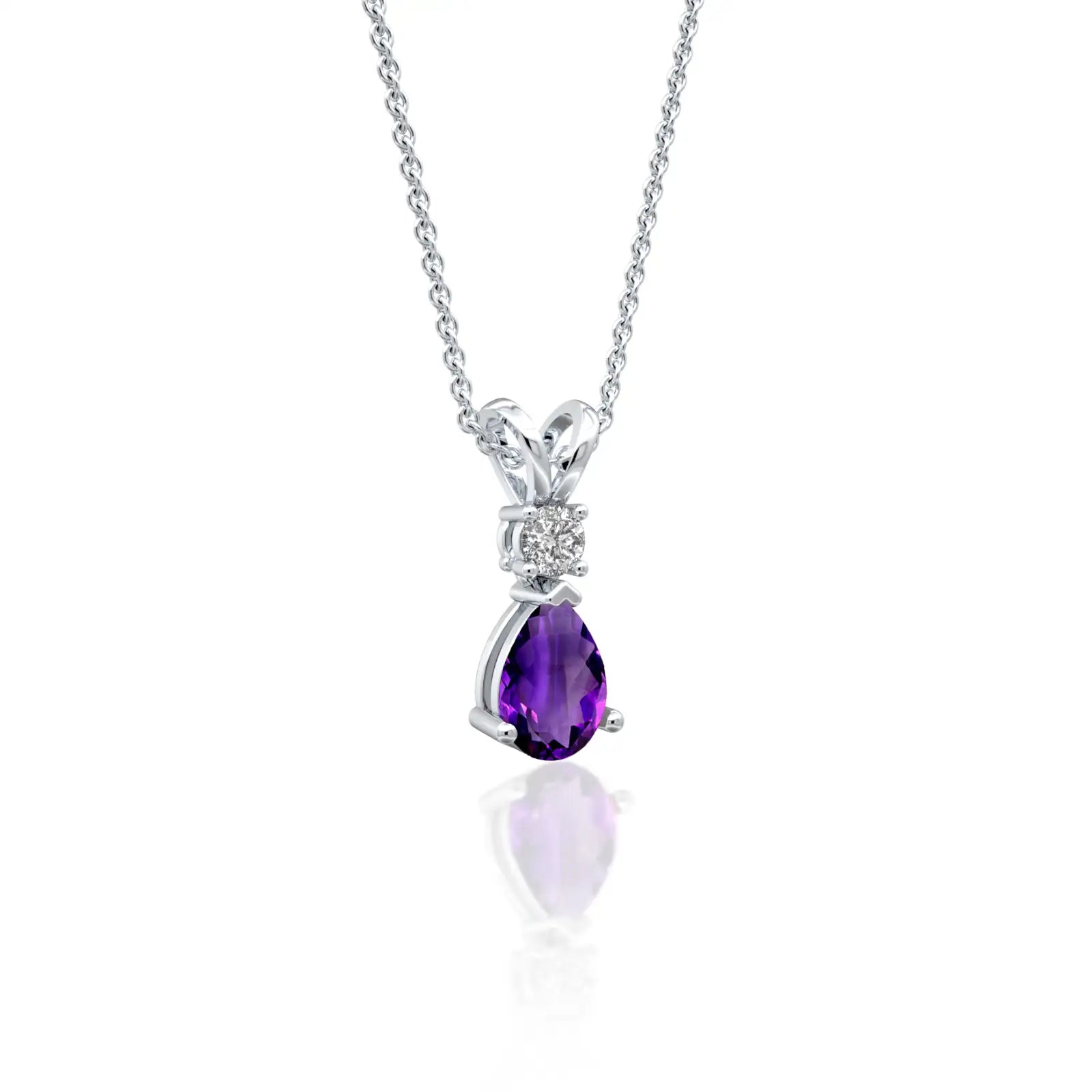 Unique february birthstone pear shaped amethyst and diamond pendant