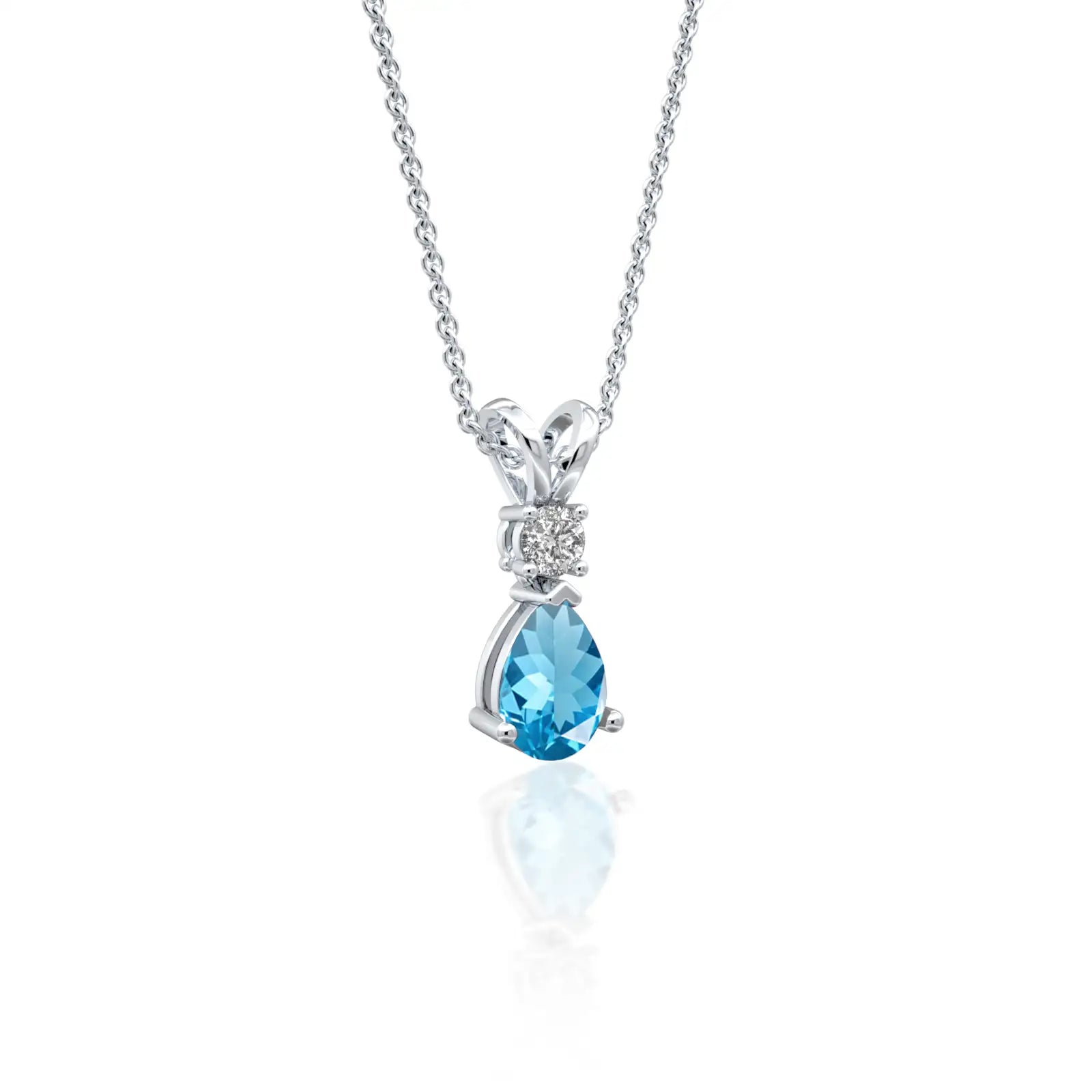 White gold march birthstone pear shaped swiss blue topaz and diamond pendant