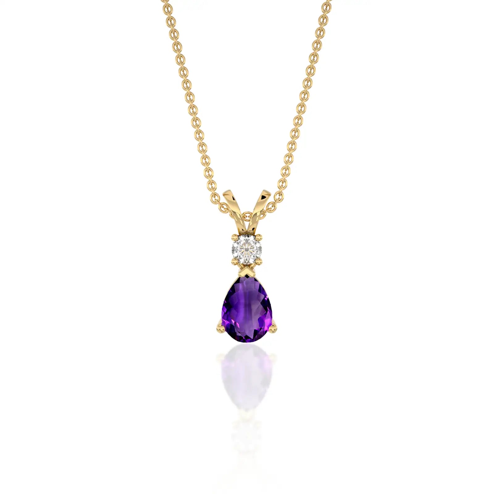 Yellow gold  february birthstone pear shaped amethyst and diamond pendant