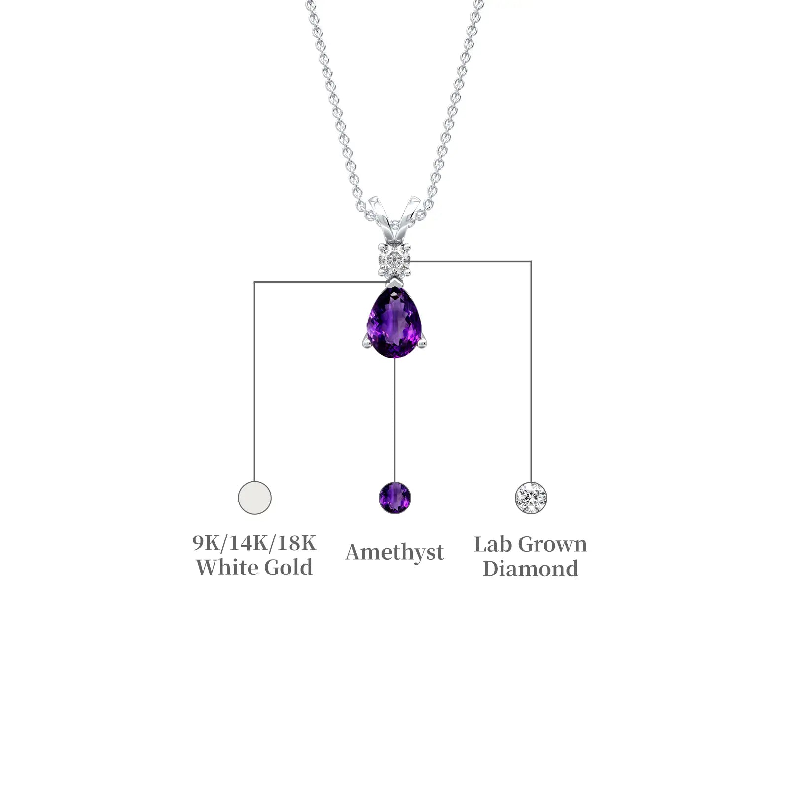 White gold descriptive image of february birthstone pear-shaped amethyst and diamond pendant