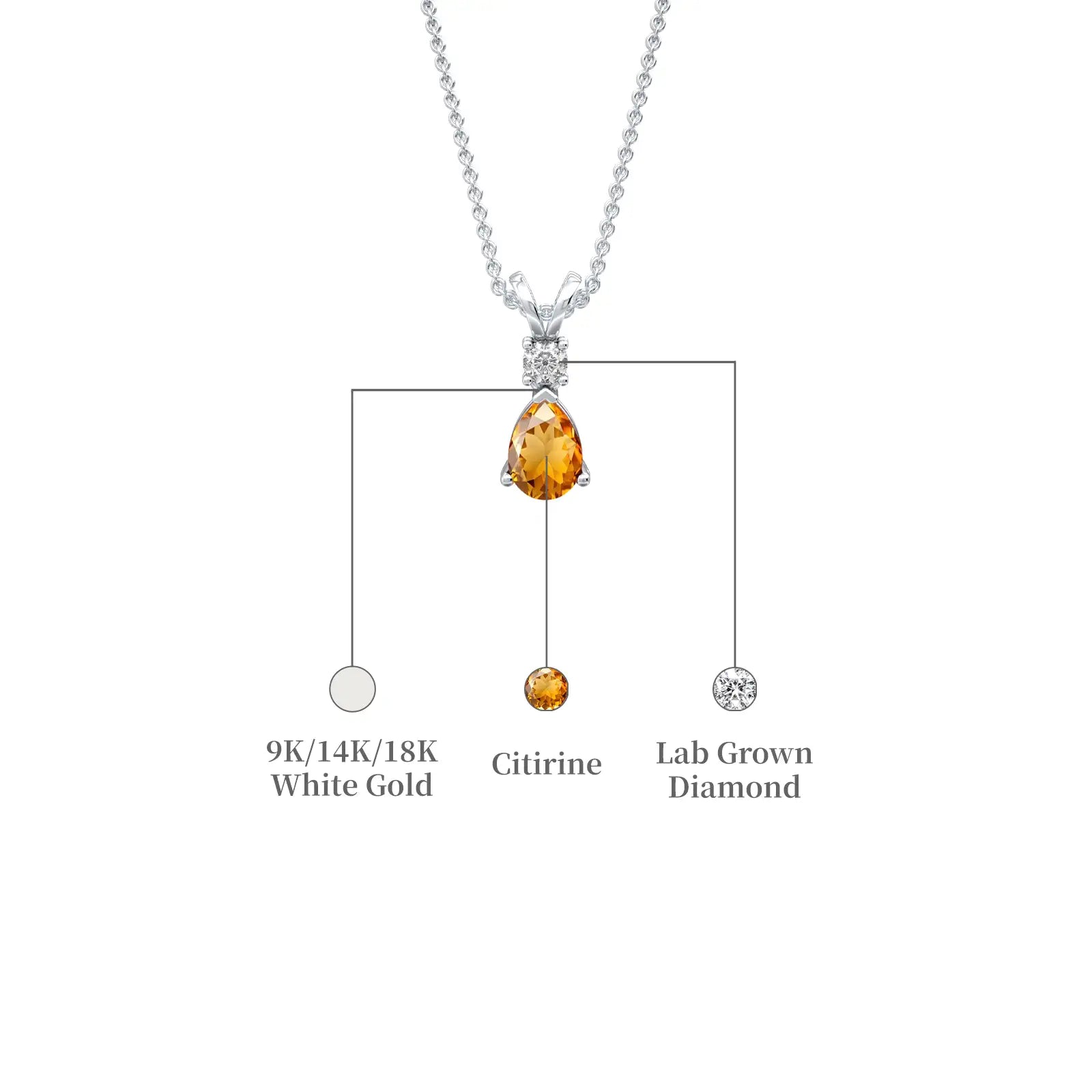 White gold descriptive image of november birthstone pear-shaped citrine and diamond pendant