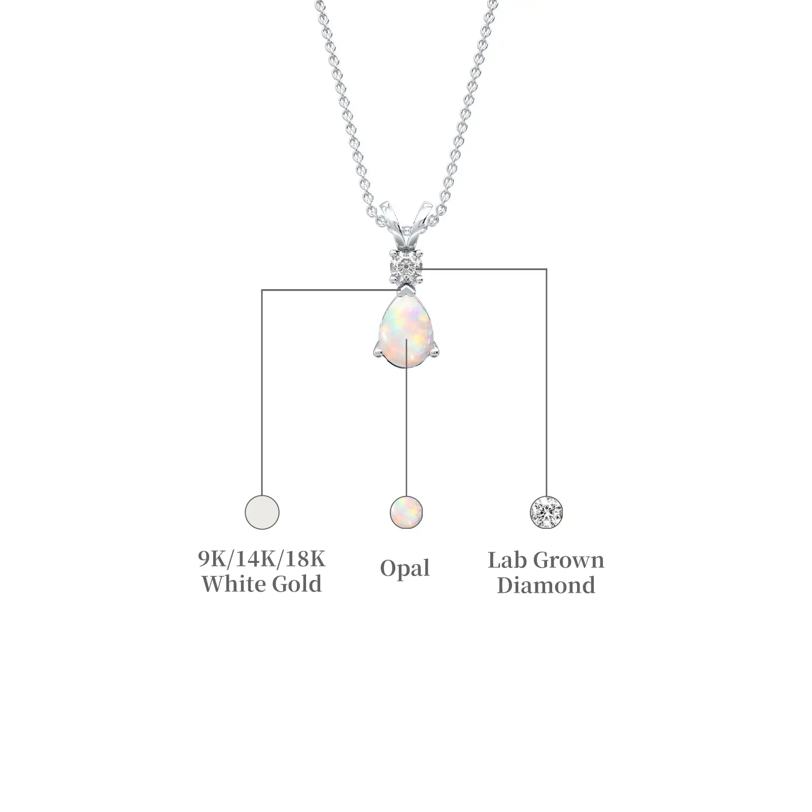 White gold descriptive image of october birthstone pear-shaped opal and diamond pendant 