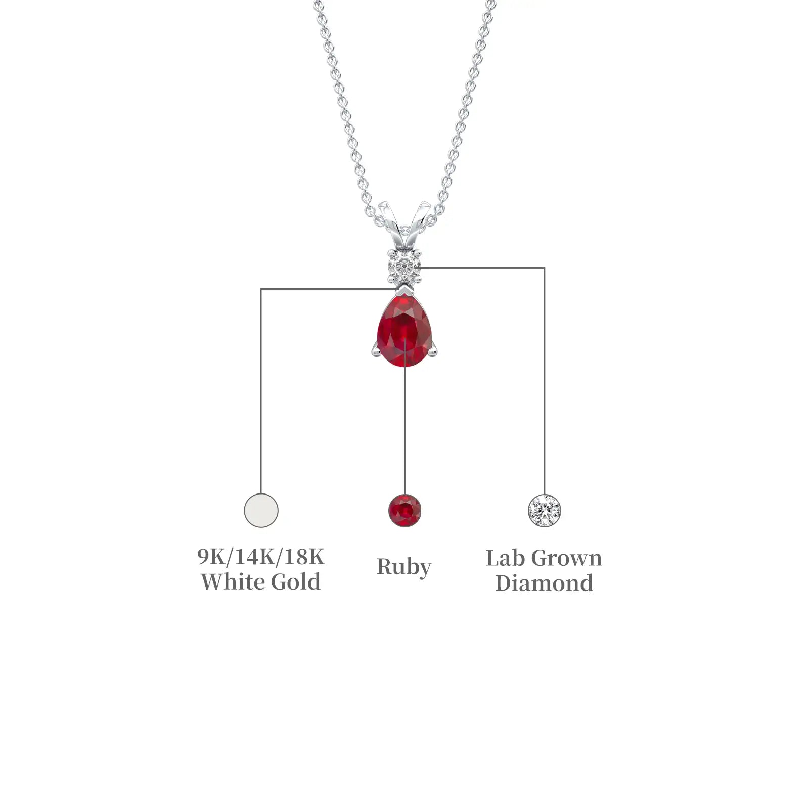 White gold descriptive image of july birthstone pear-shaped opaque ruby and diamond pendant
