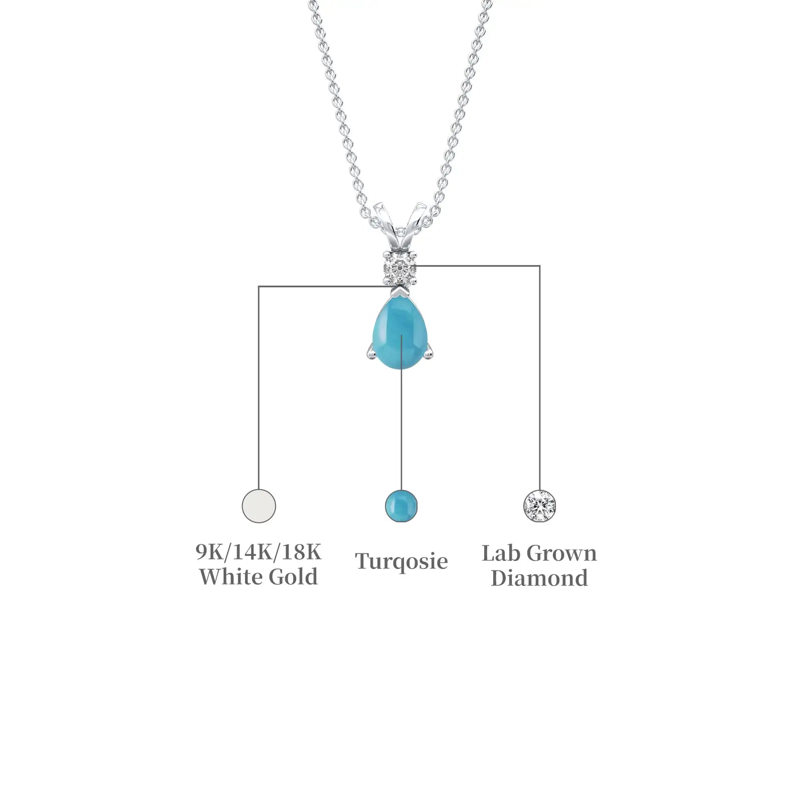 White gold descriptive image of december birthstone pear-shaped turquoise and diamond pendant