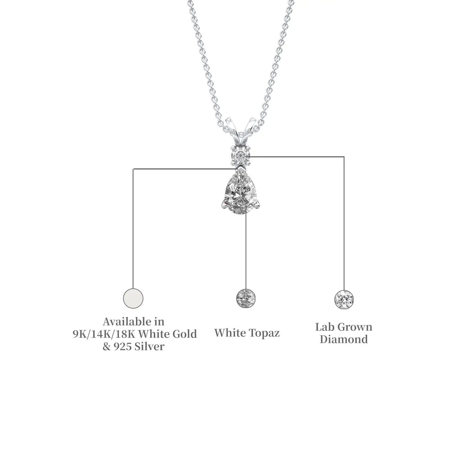 White gold descriptive image of april birthstone pear shaped white topaz and diamond pendant 