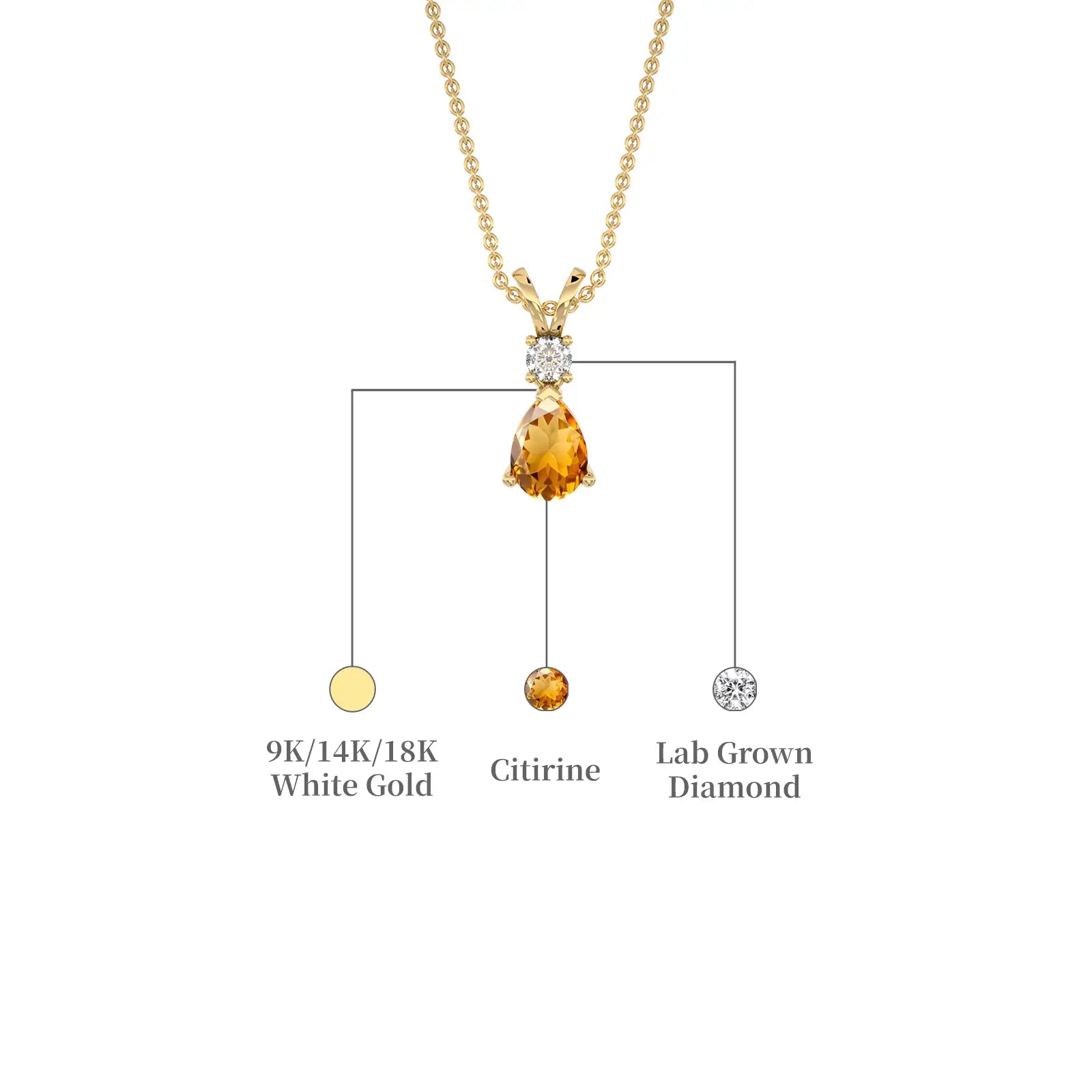 Yellow gold descriptive image of november birthstone pear-shaped citrine and diamond pendant