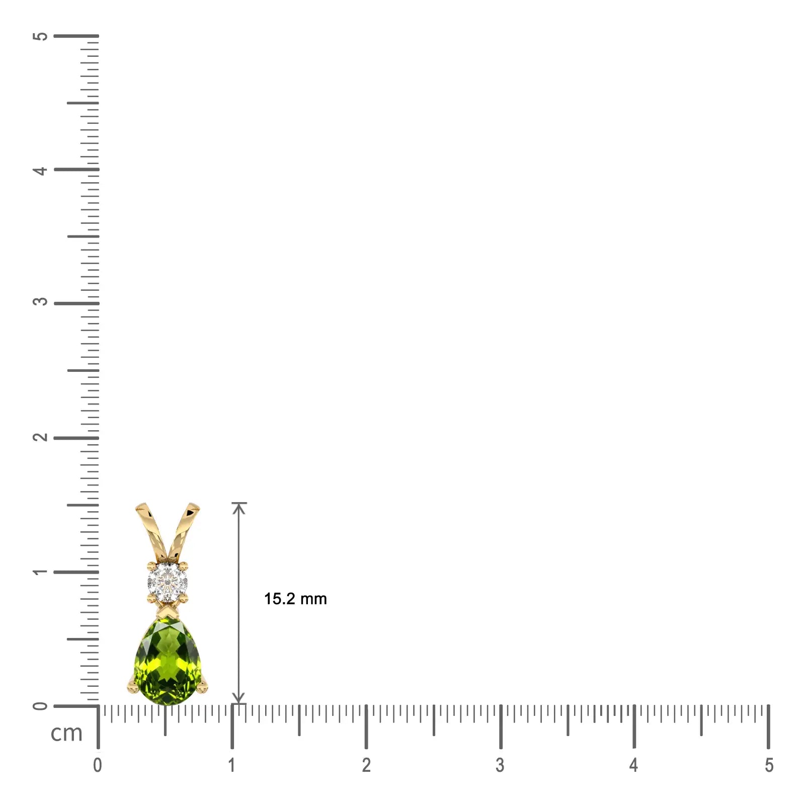 Yellow gold image of scale image of august birthstone pear-shaped peridot and diamond pendant