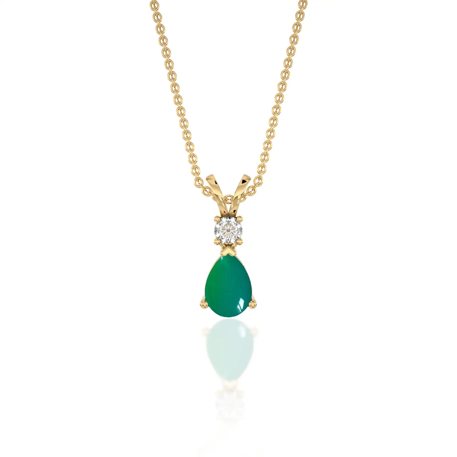 Yellow gold may birthstone pear shaped green agate and diamond pendant