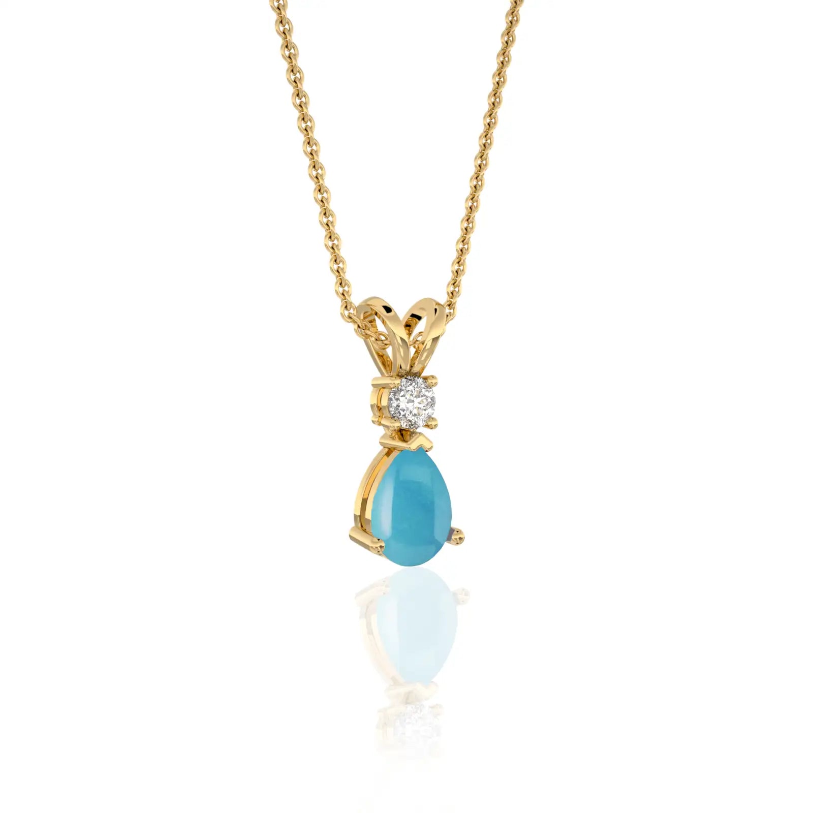 Yellow gold march birthstone pear shaped swiss blue topaz and diamond pendant or office wear