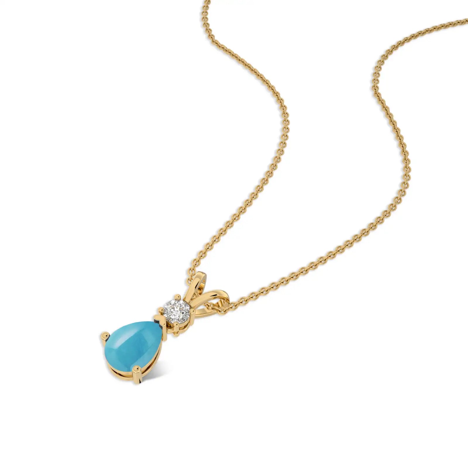 Yellow gold march birthstone pear shaped swiss blue topaz and diamond pendant for women
