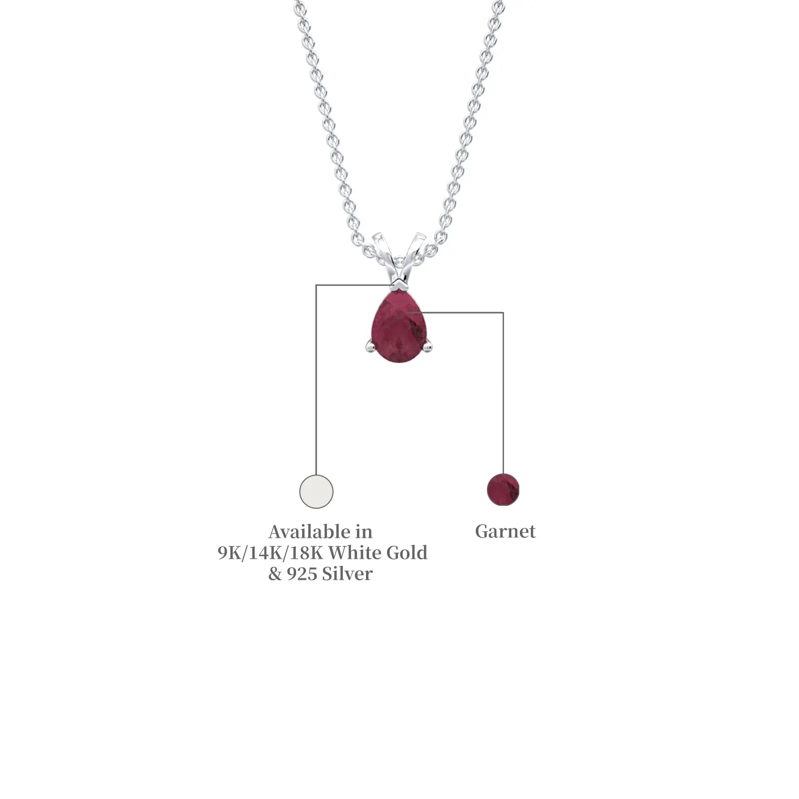 January birthstone garnet pendant variant detail, silver-tone metal and deep red garnet stone