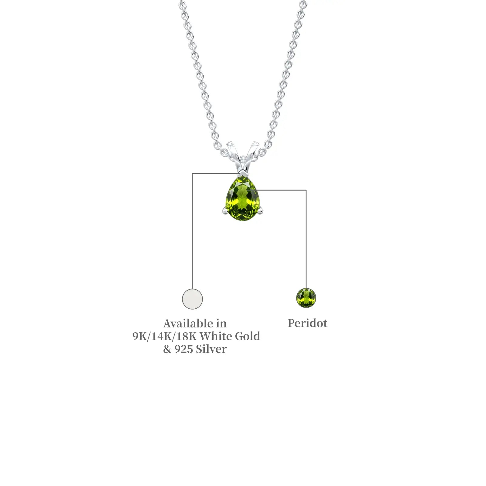 Metal & stone details of August birthstone classic peridot drop pendant by Fortune