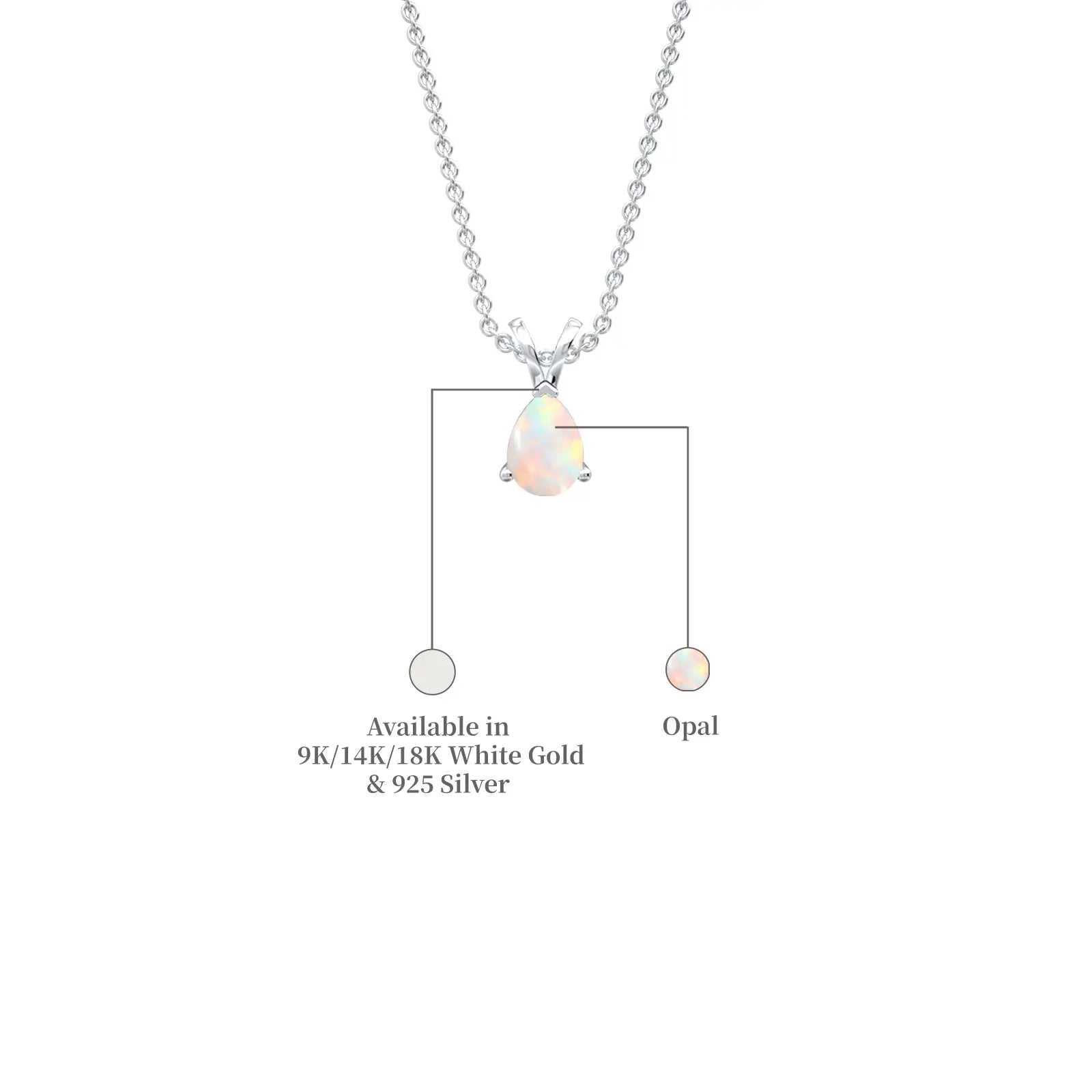 October Birthstone Classic Opal Drop Pendant on a white background with text indicating metal options.