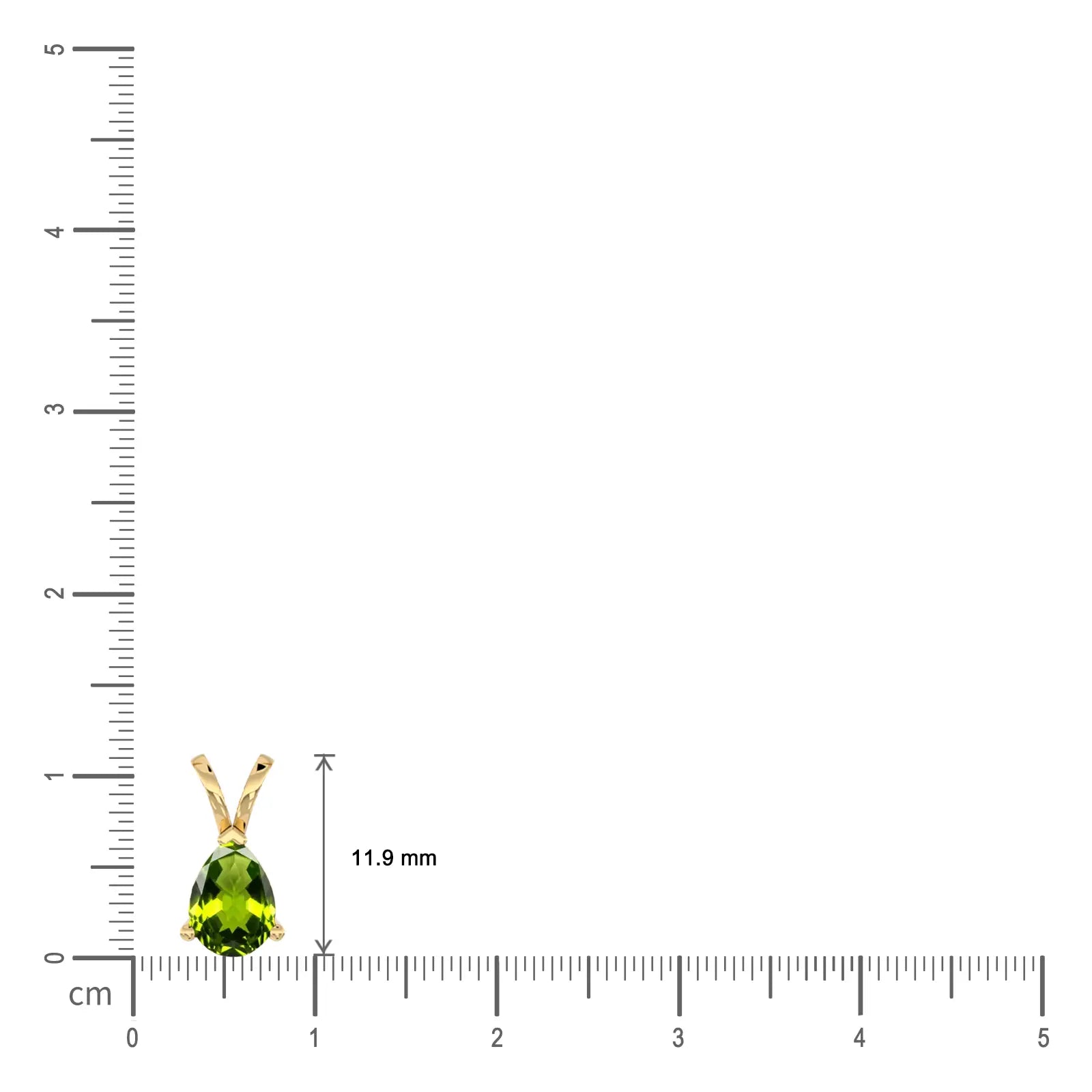 August birthstone classic peridot drop pendant size - 11.9mm pendant length shown against cm ruler