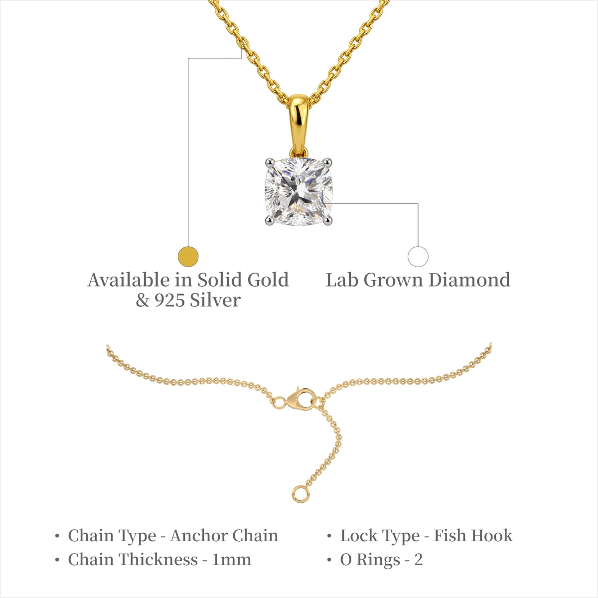 Delicate 2 Ct Cushion-Cut Diamond Solitaire Pendant by Fortune Jewellery 