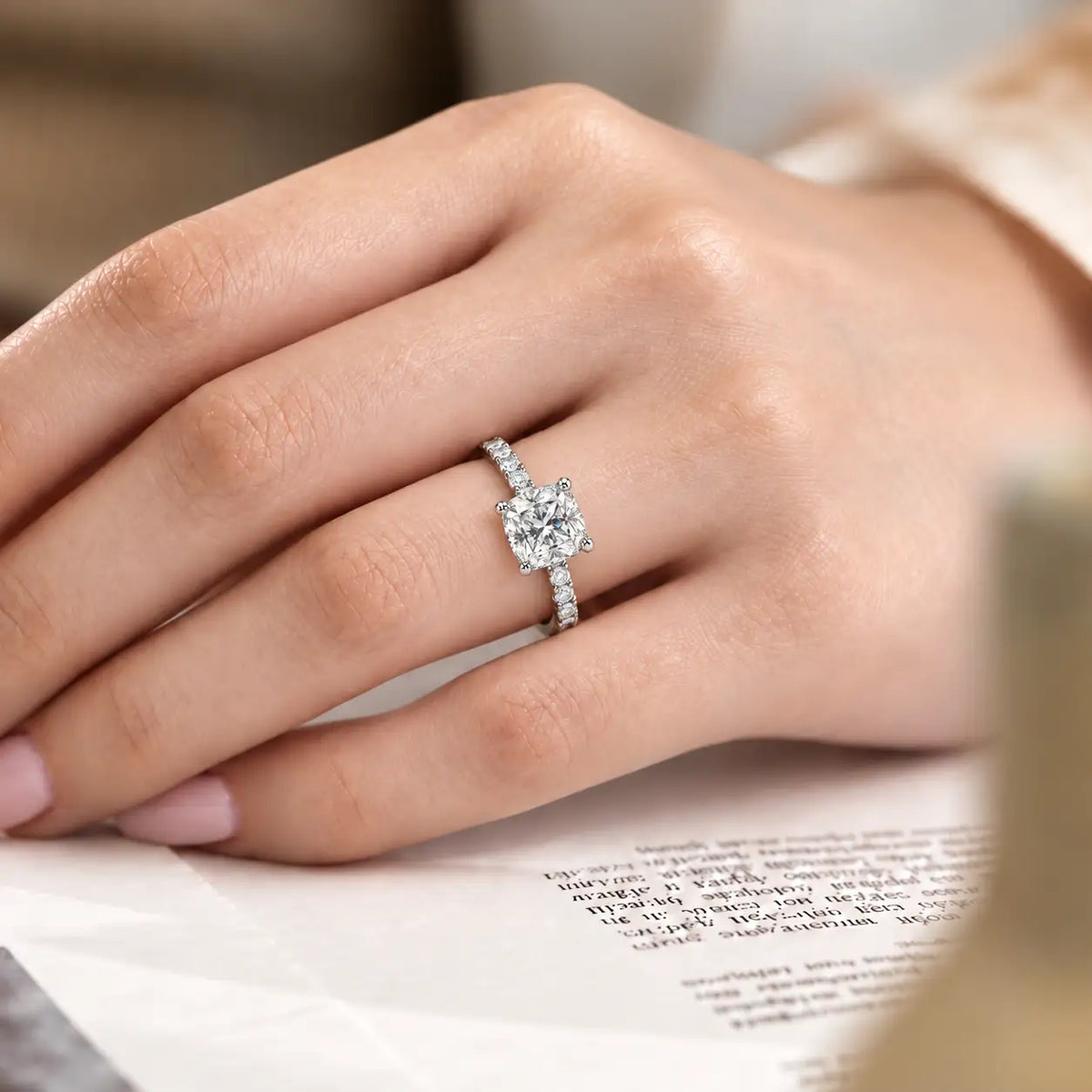 Model Wearing an Iconic Cushion Cut Diamond Pavé Ring