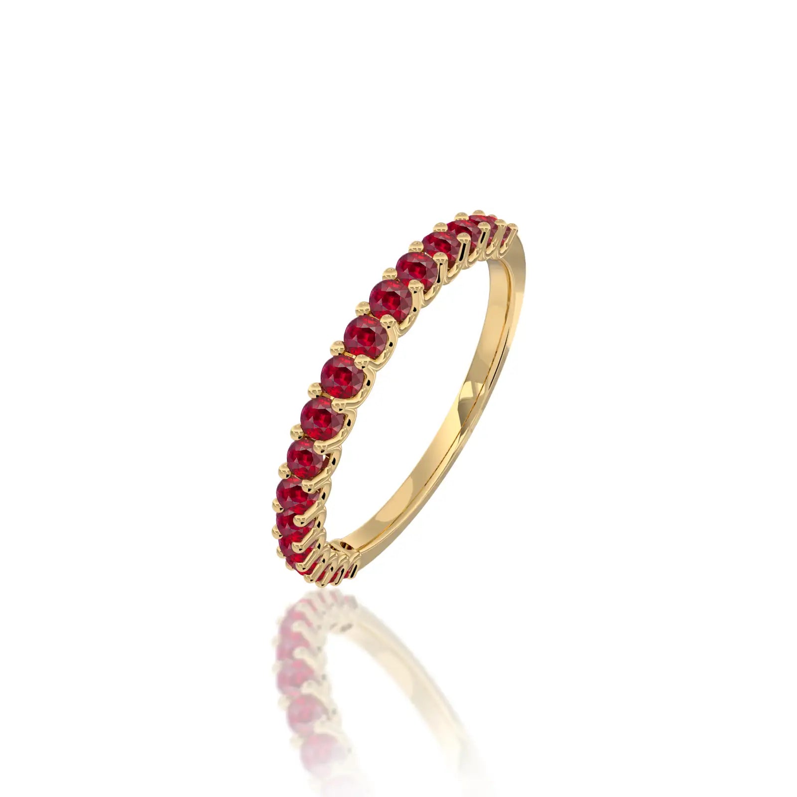 Yellow gold unique july birthstone half eternity opaque ruby ring
