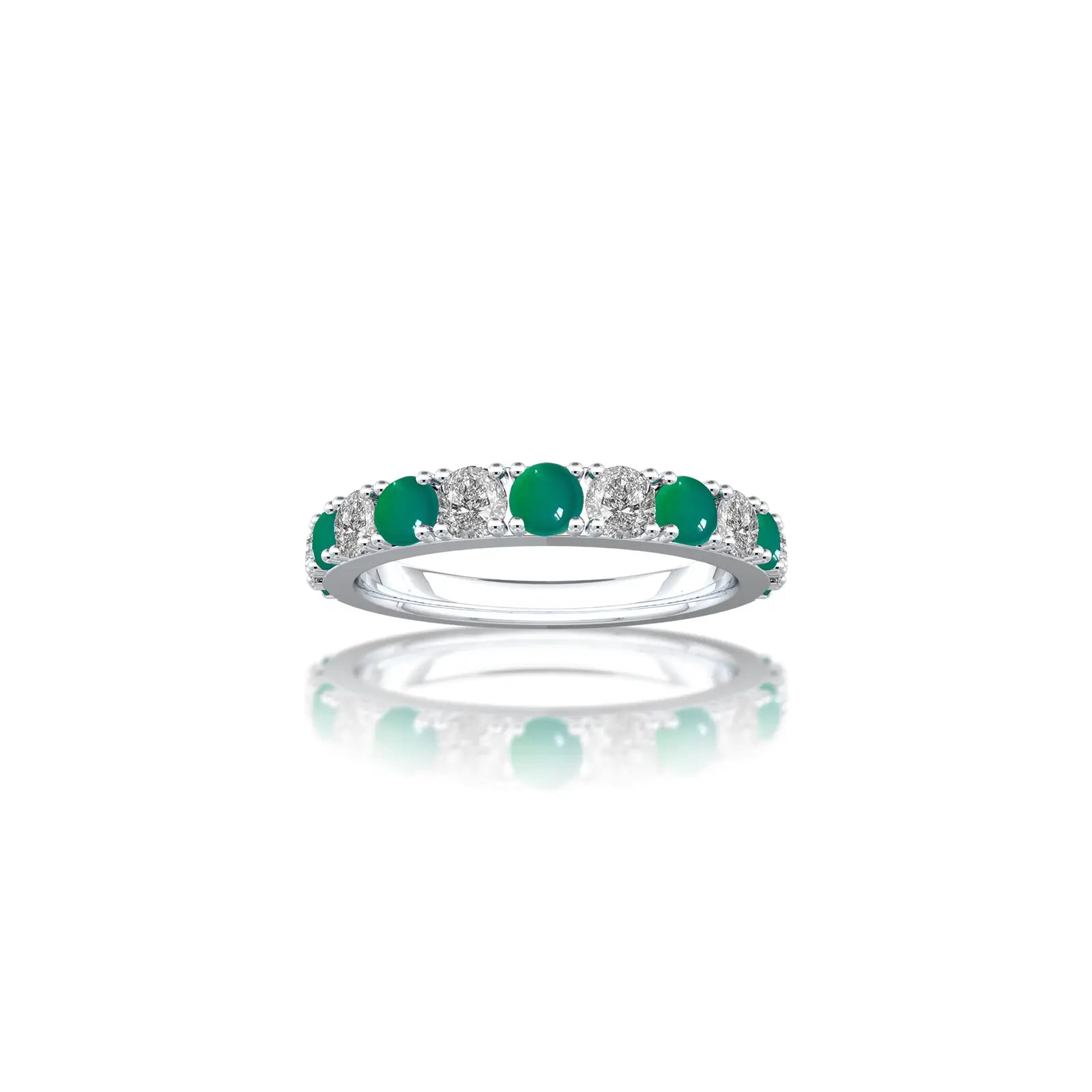 White gold May birthstone green agate rhythm ring with diamonds