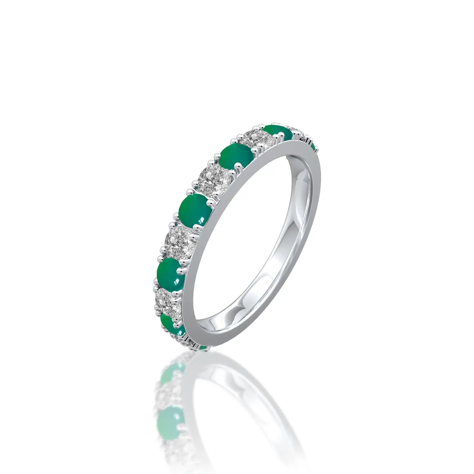 White gold may birthstone green agate rhythm ring with diamonds for office wear