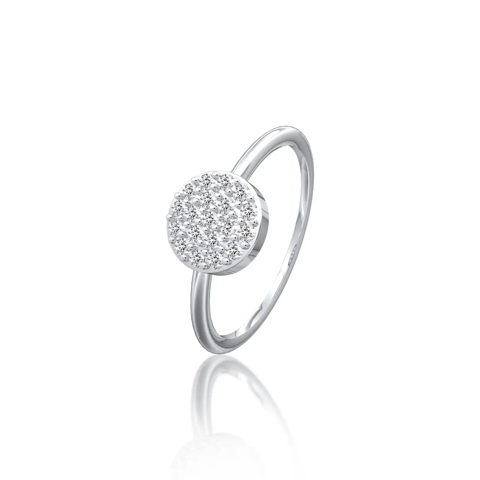 Slanting view highlighting the sleek, dazzling curve of the Ming 明 disc diamond ring.