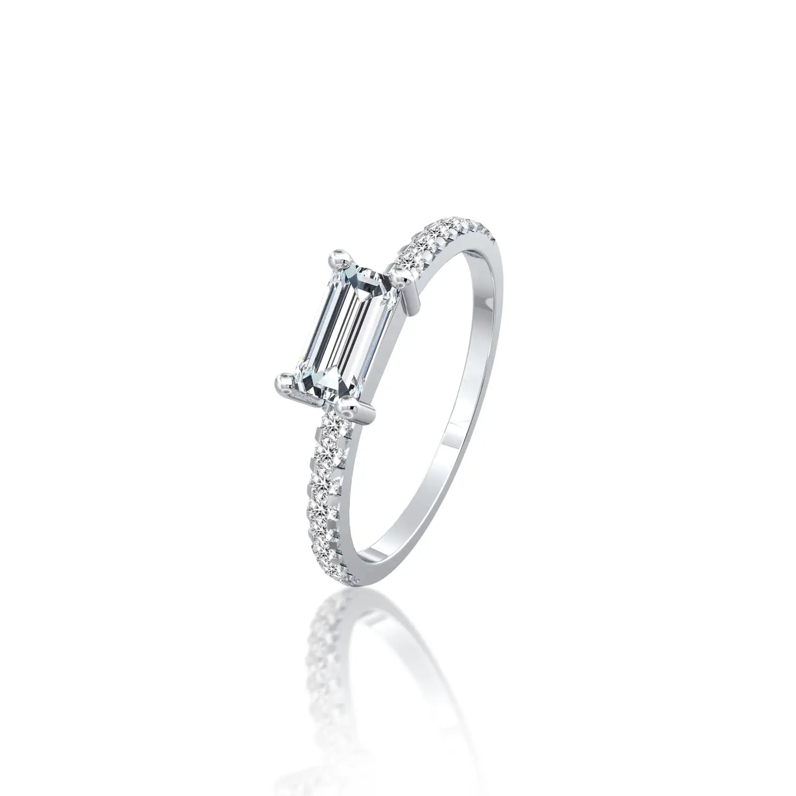 Straight view of the Jing 镜 baguette ring, showcasing its dazzling, geometric diamond design.