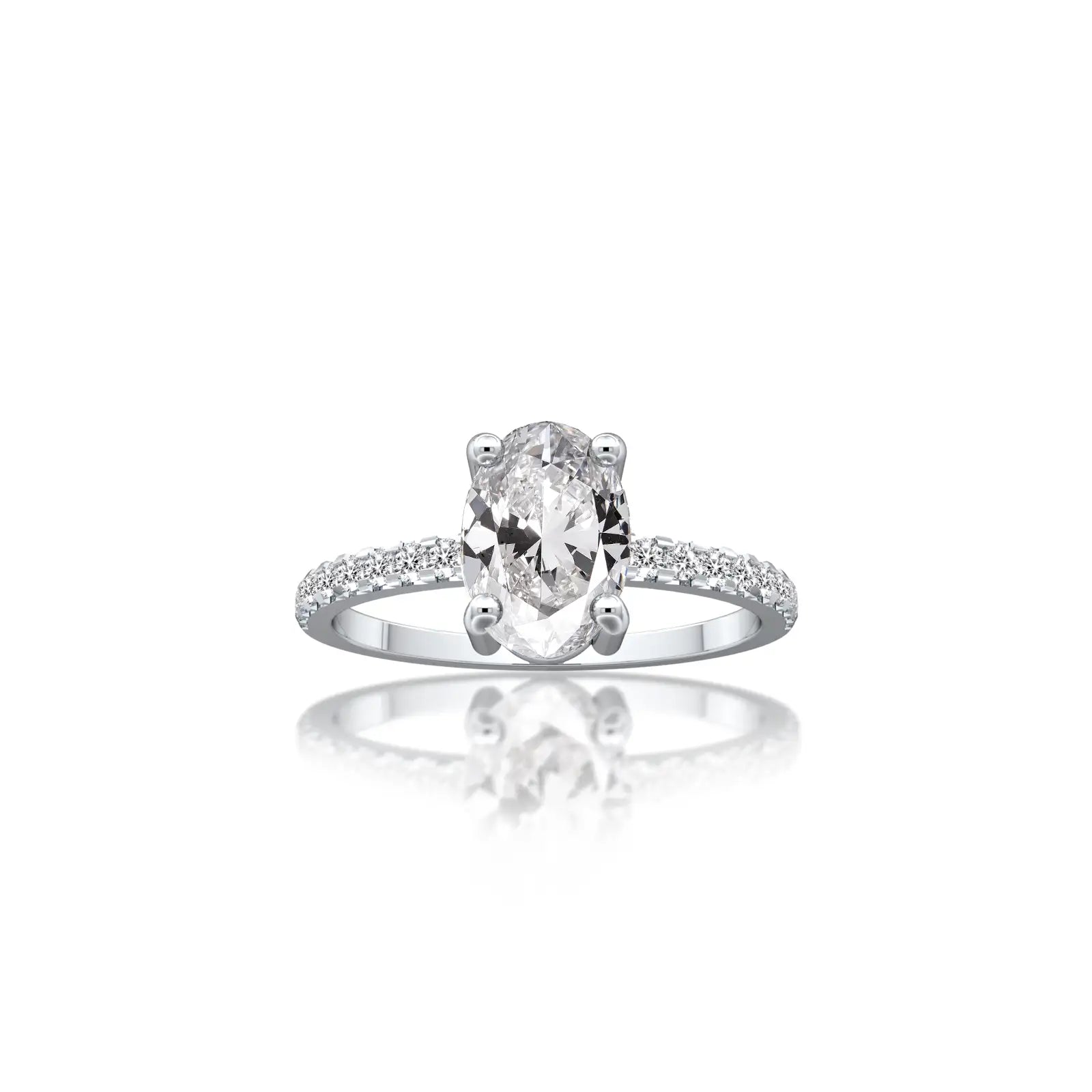 Straight view of oval cut diamond solitaire ring by Fortune Jewelry.