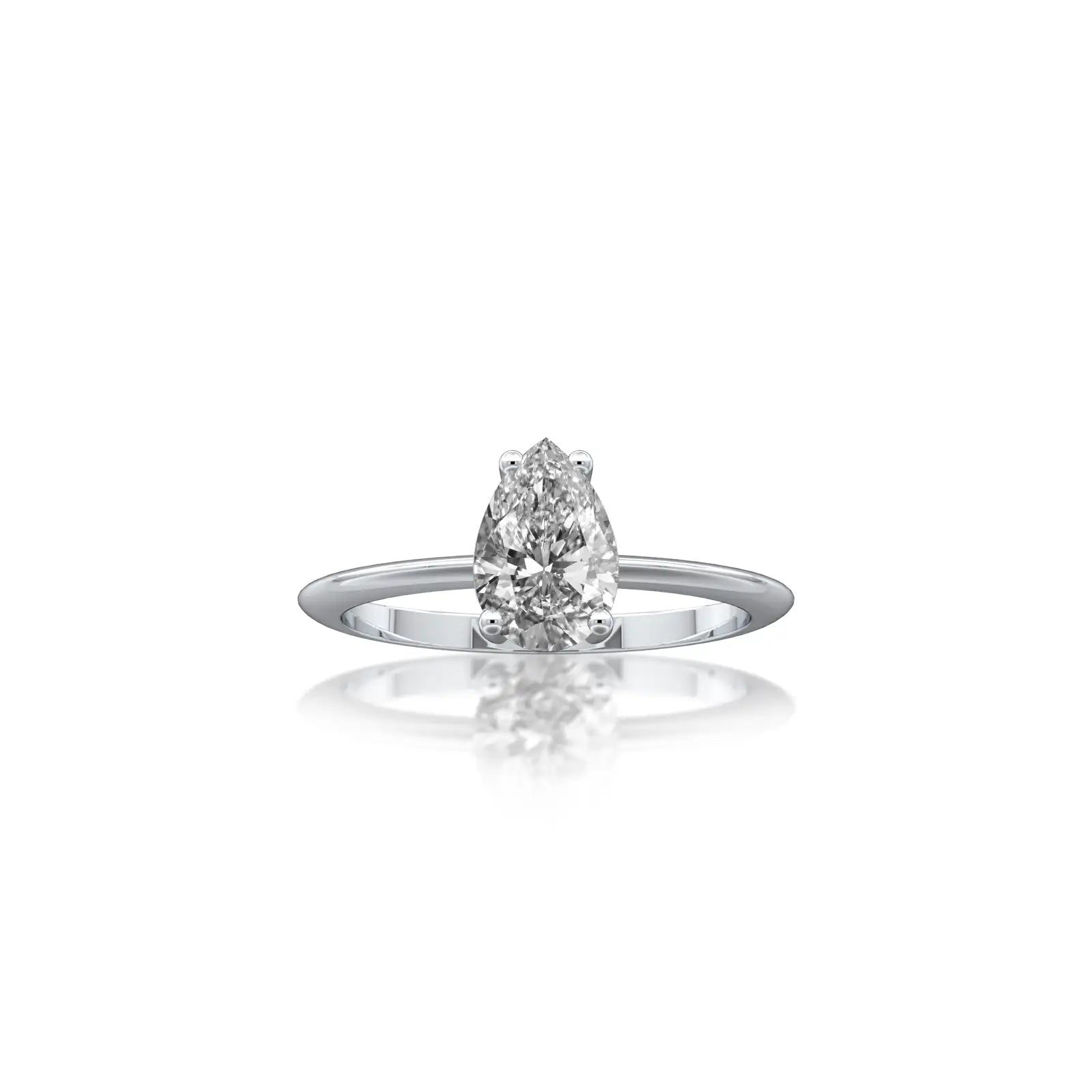 This straight-on shot of the Lian 涟 ring reveals a flawless pear-cut diamond at its center.