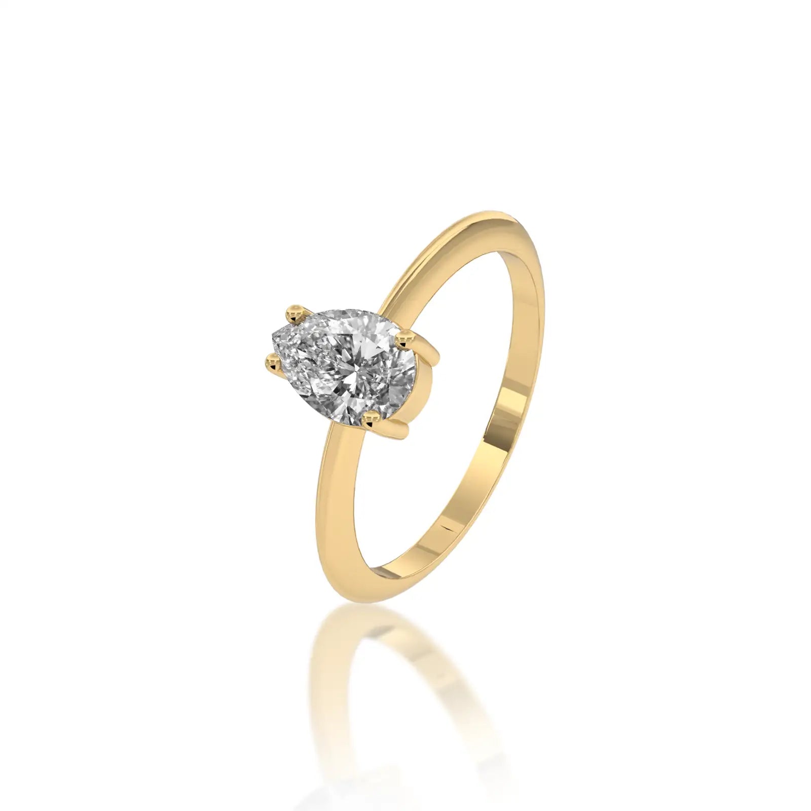Slanting view highlighting the graceful, dazzling curve of the Lian 涟 pear diamond ring.