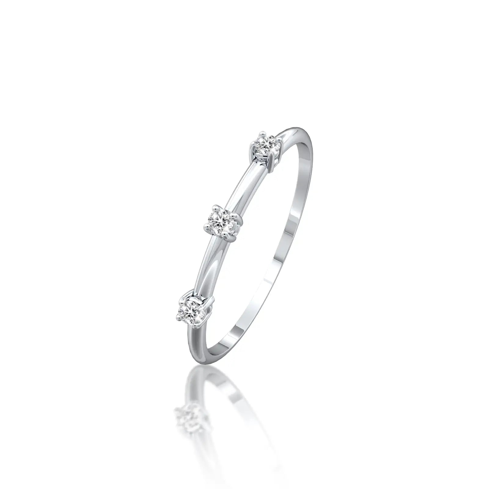 Slanting view highlighting the graceful, dazzling arrangement of the Celeste trio diamond ring.
