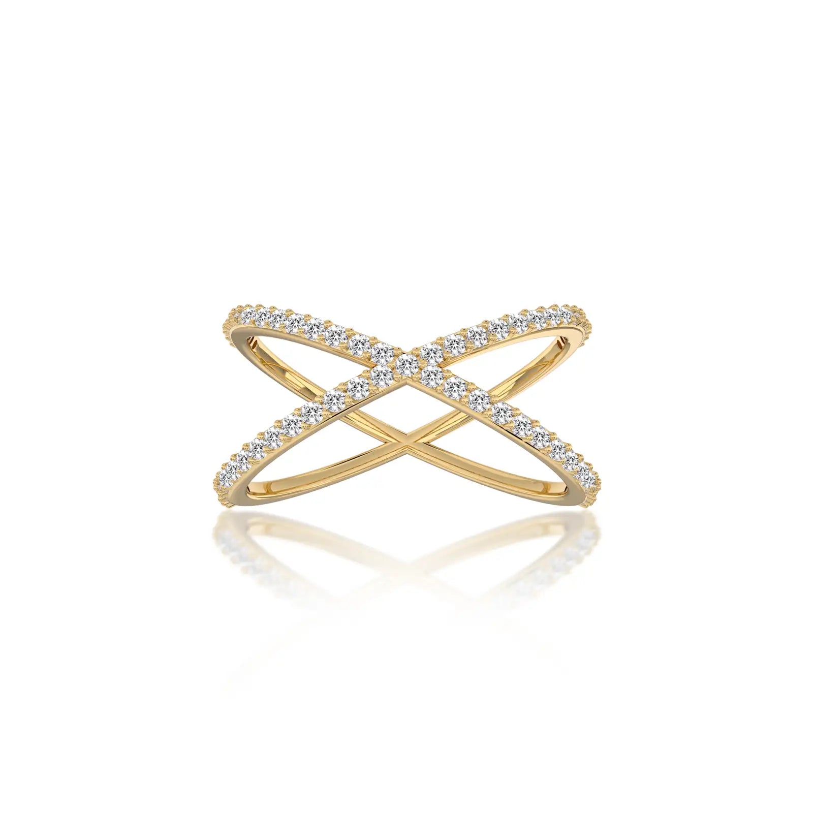 Yuan 缘 Intersecting Diamond Criss-Cross Ring: straight-on view capturing its stylish, princess-worthy shine.