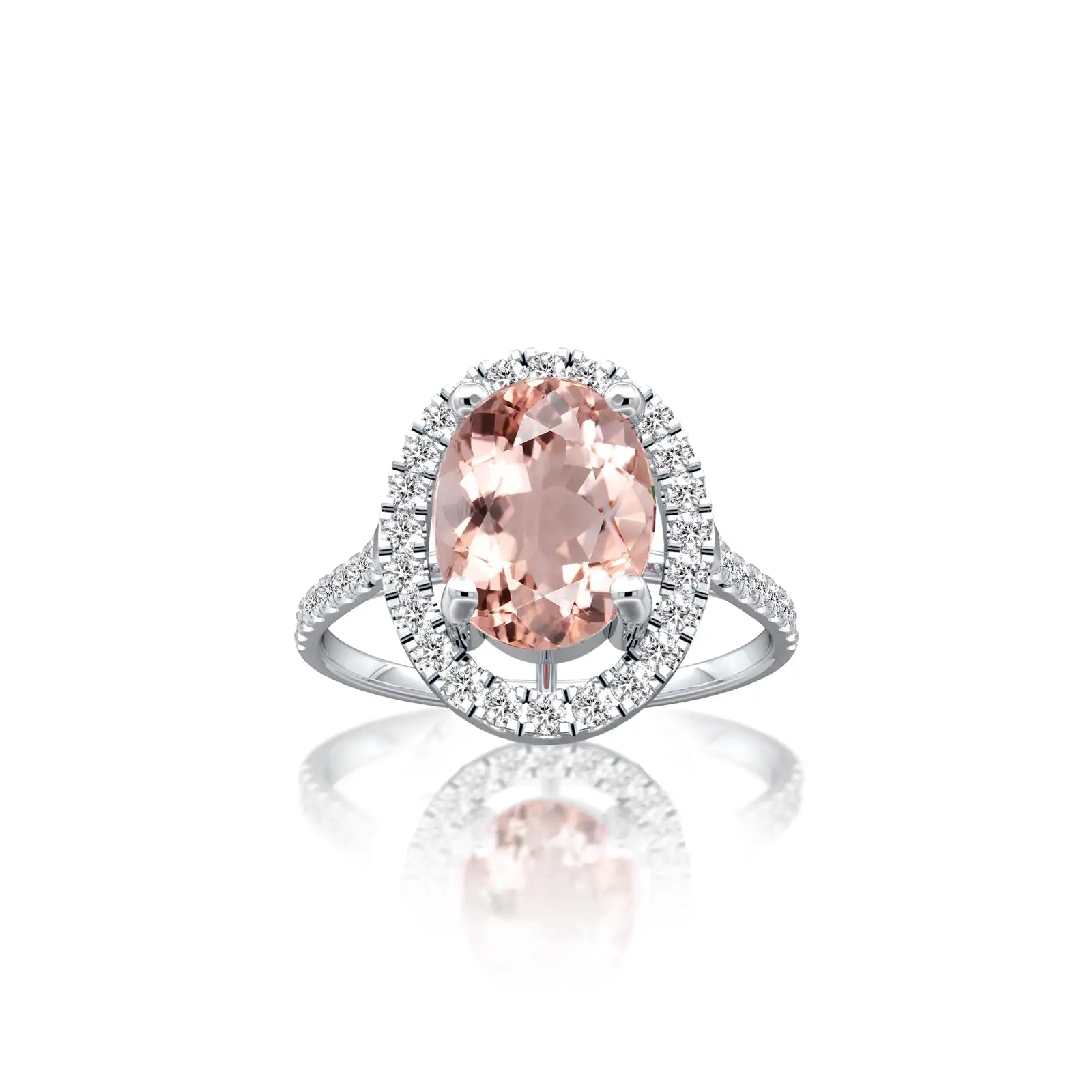 Mei 玫 Oval Morganite Halo Ring a glamorous statement piece for the romantic, modern woman.
