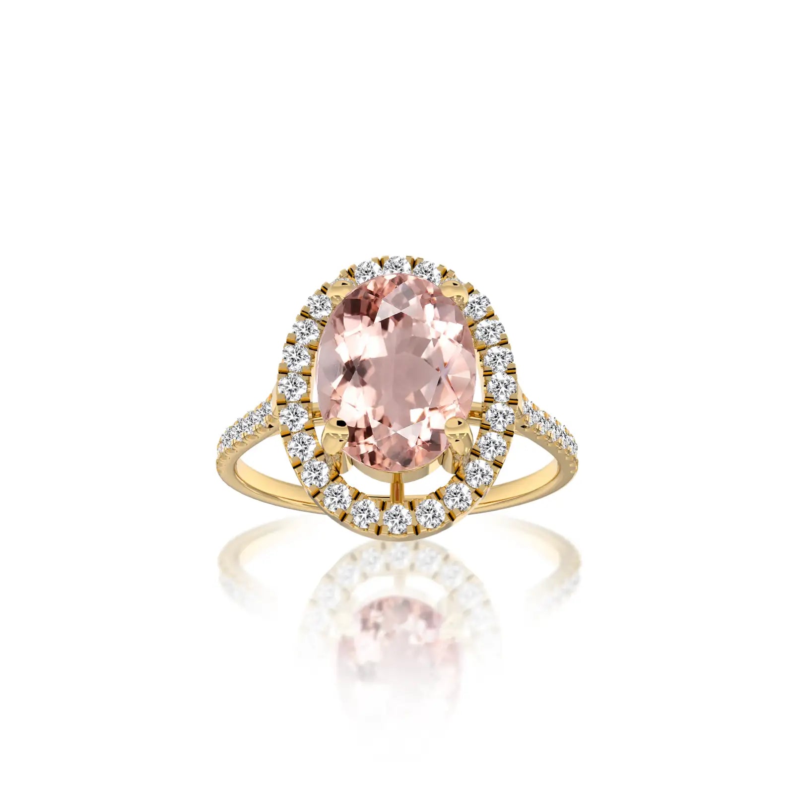 Mei 玫 Oval Morganite Halo Ring by Fortune Jewelry pairs soft, blush hues with dazzling diamond sparkle.