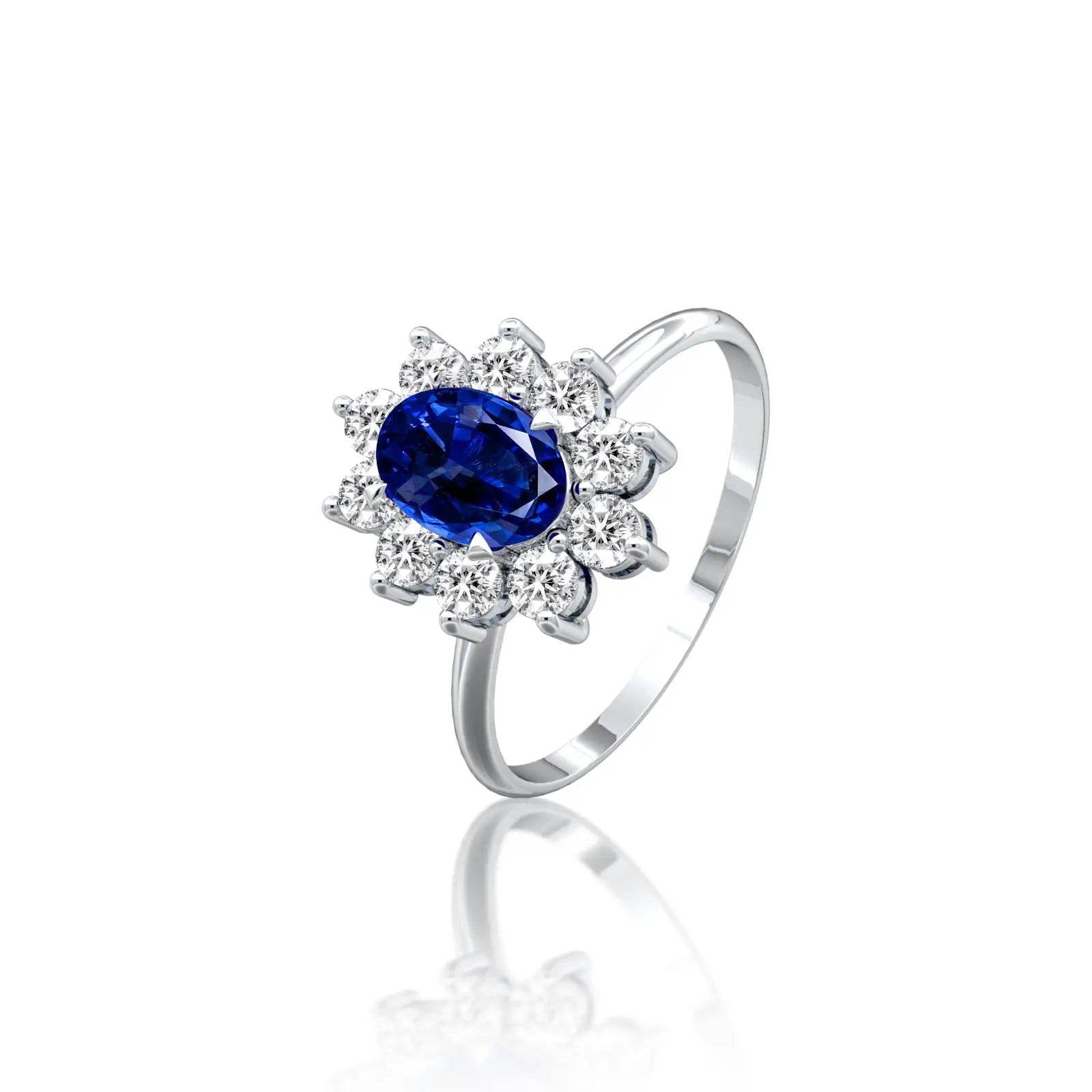 Jing 晶 Oval Blue Sapphire Halo Ring  a captivating centerpiece for those who love royal-blue elegance.