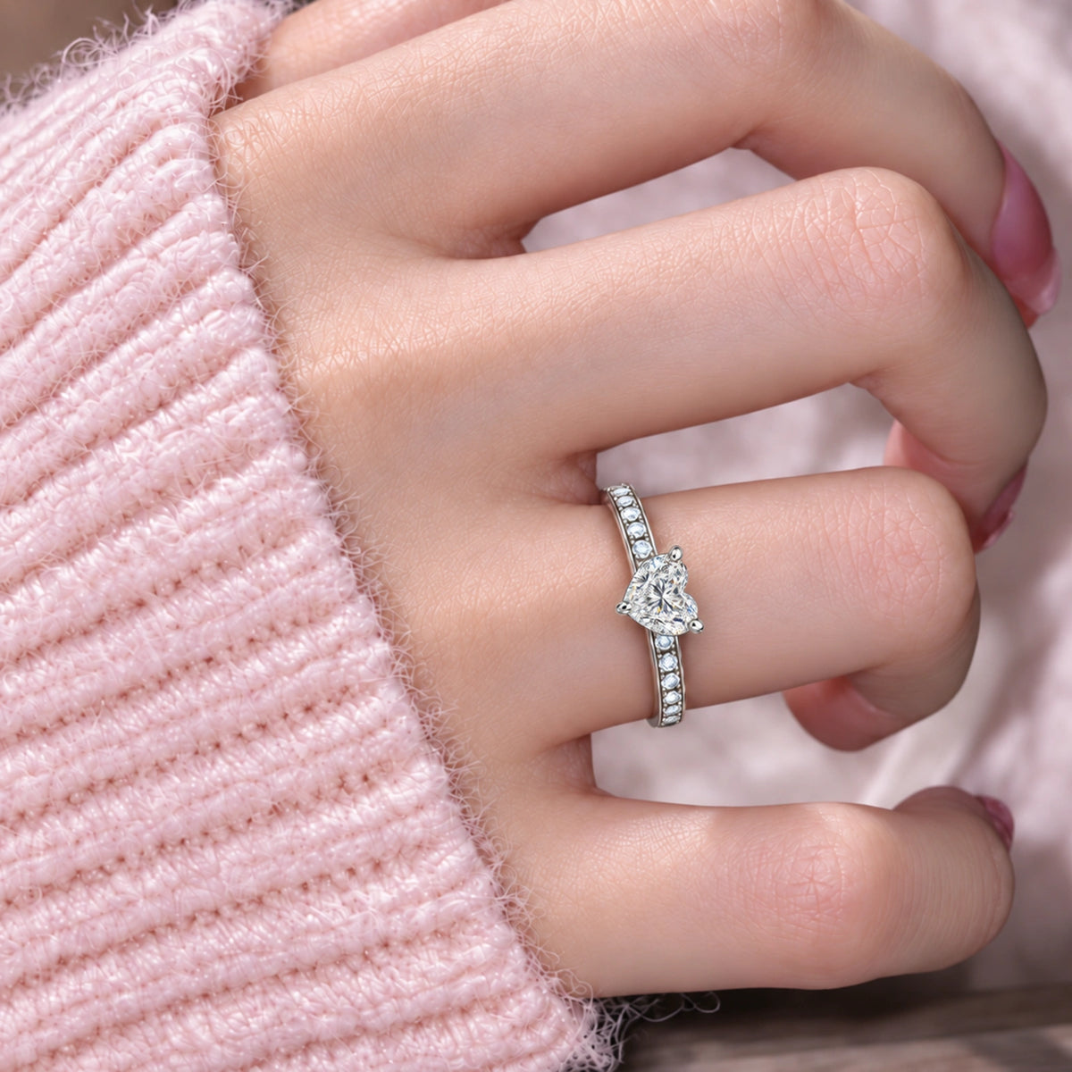 Model Wearing a Luxurious 0.5 Ct Heart Cut Diamond Pave Ring for Special Occasions