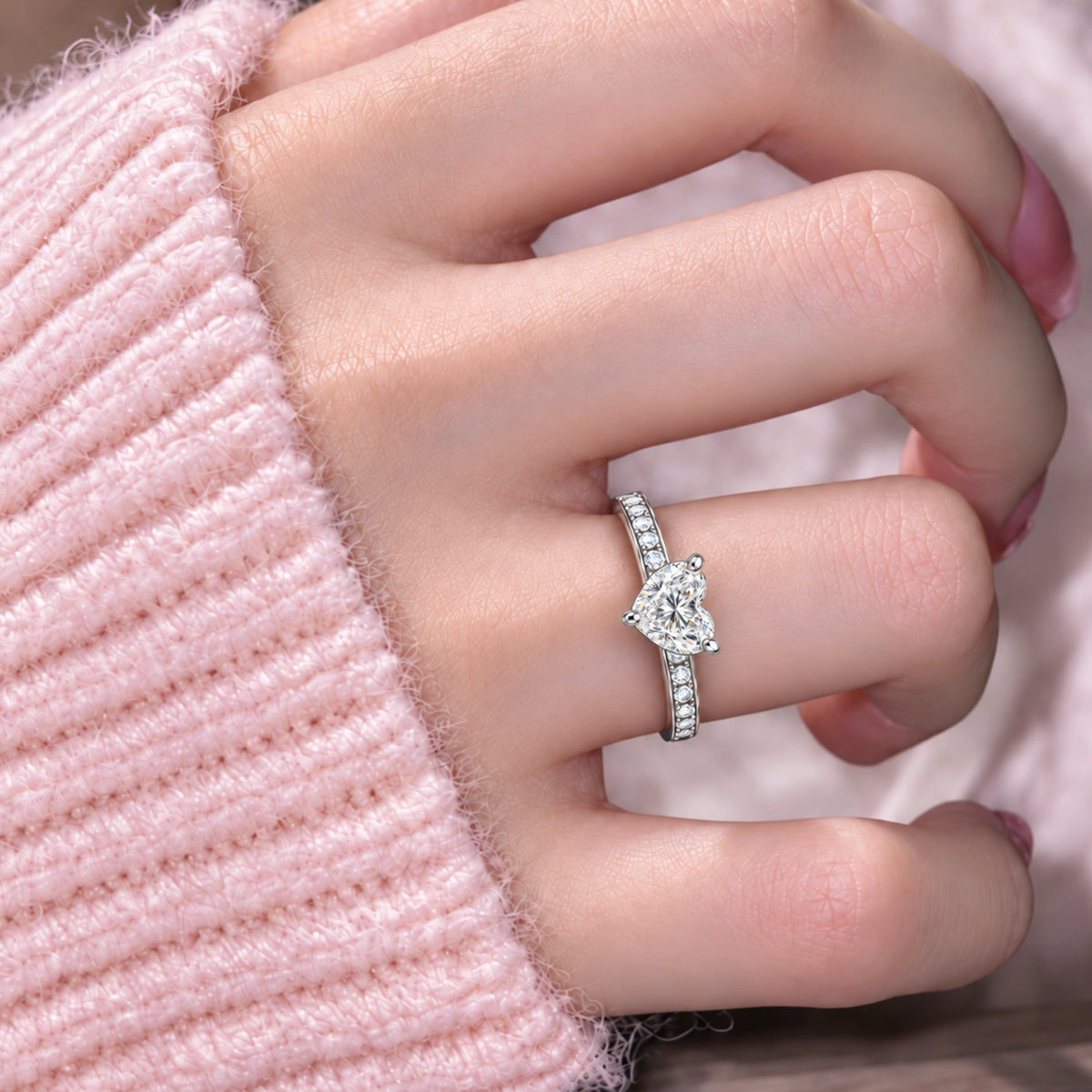 Model Wearing a Royal Charm 0.75 Ct Heart Cut Diamond Pavé Ring for Women
