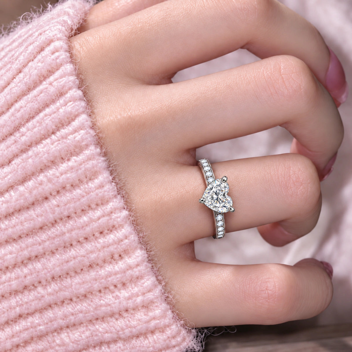 Model Wearing a Precious Love 1 Ct Heart Cut Diamond Pavé Ring
