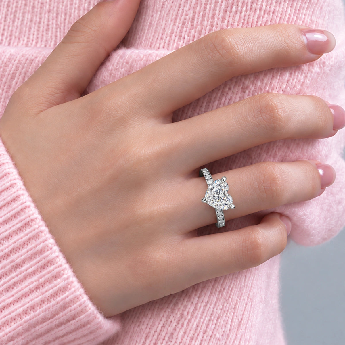 Model Wearing a Glamorous 3 Ct Heart Cut Diamond Pavé Ring for Party Wear