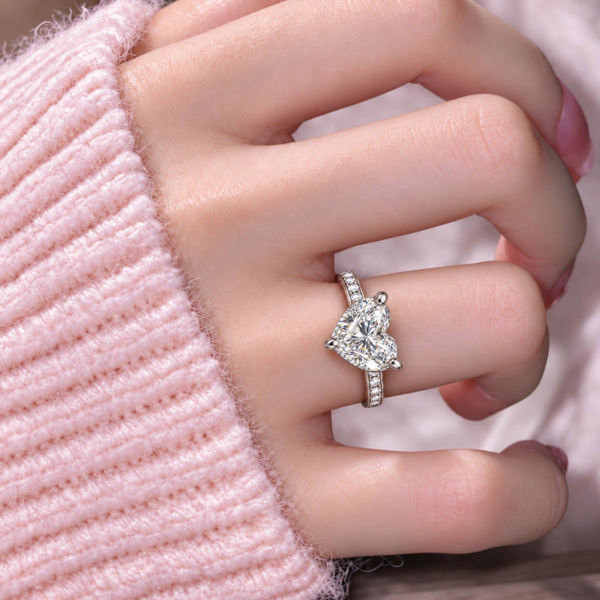 Model Wearing an Enchanting Heart 3 Ct Heart Cut Diamond Pavé Ring