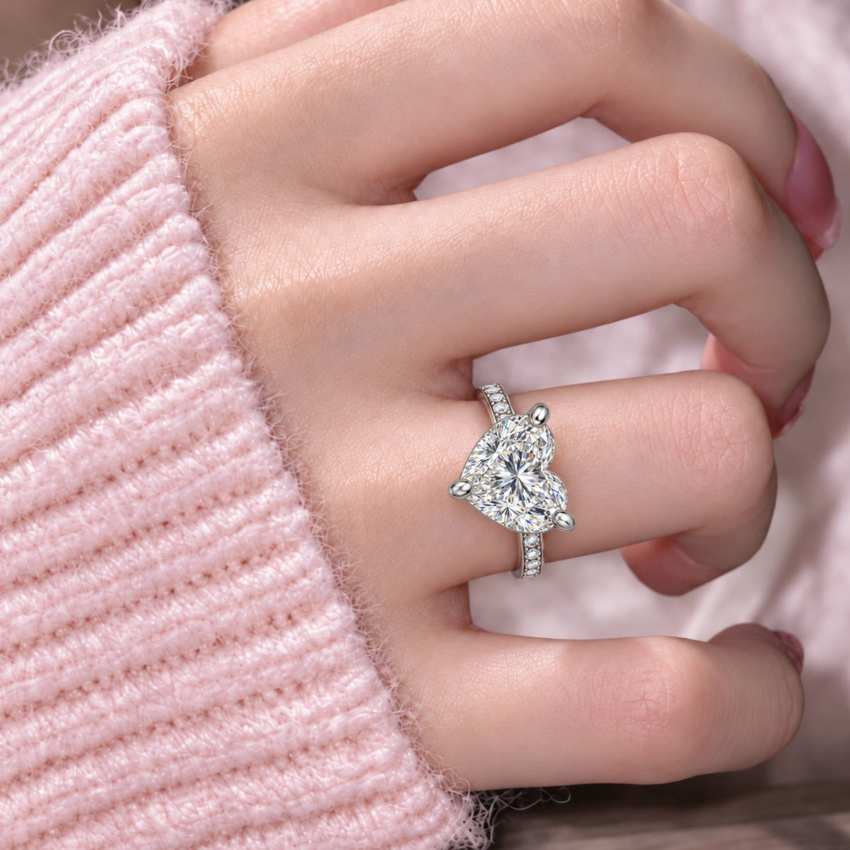 Model Wearing a Luxurious 5 Ct Heart Cut Diamond Pavé Ring for Special Occasions