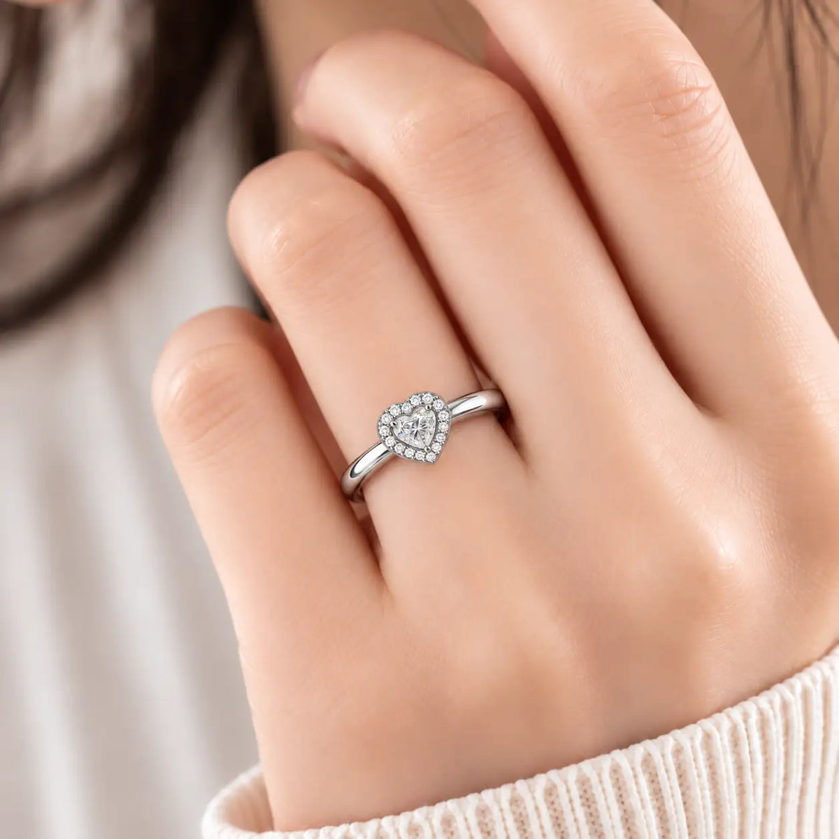 Model Wearing a Beautiful 0.75 Ct Heart Cut Diamond Halo Ring for Women