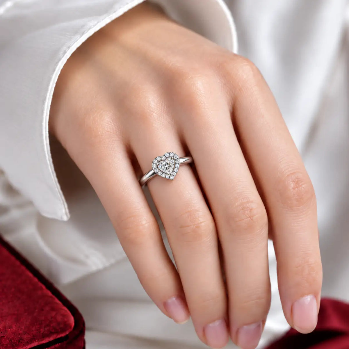 Model Wearing a Dazzling 4 Ct Heart Cut Diamond Halo Ring by Fortune Jewellery