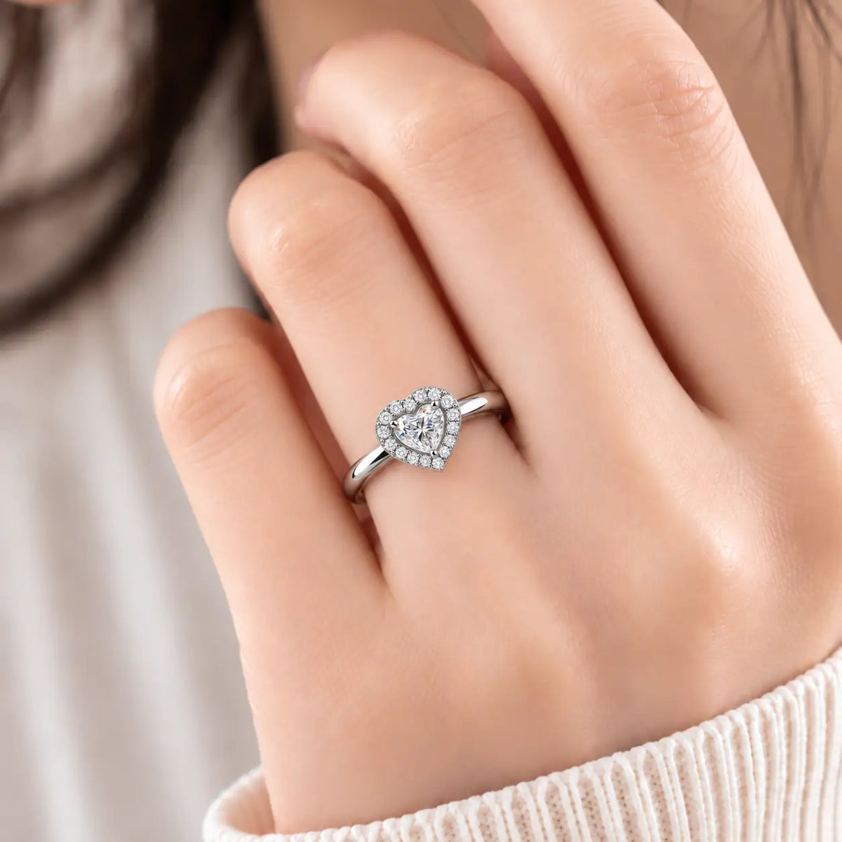 Model Wearing a Classic 4 Ct Heart Cut Diamond Halo Ring