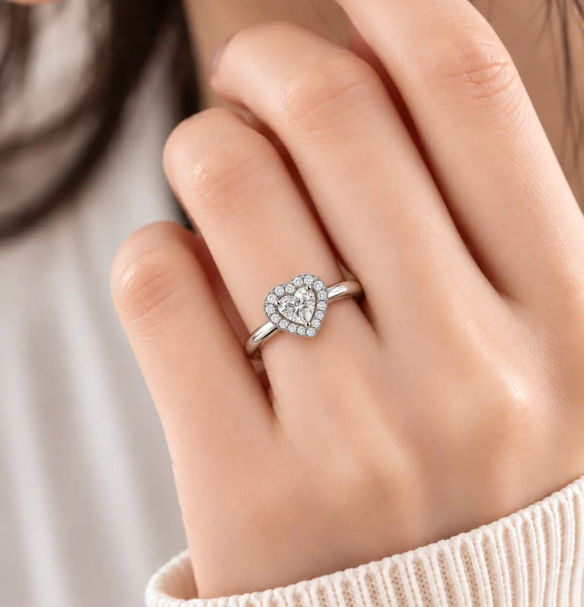 Model Wearing a Premium 5 Ct Heart Cut Diamond Halo Ring for an Elegant Look