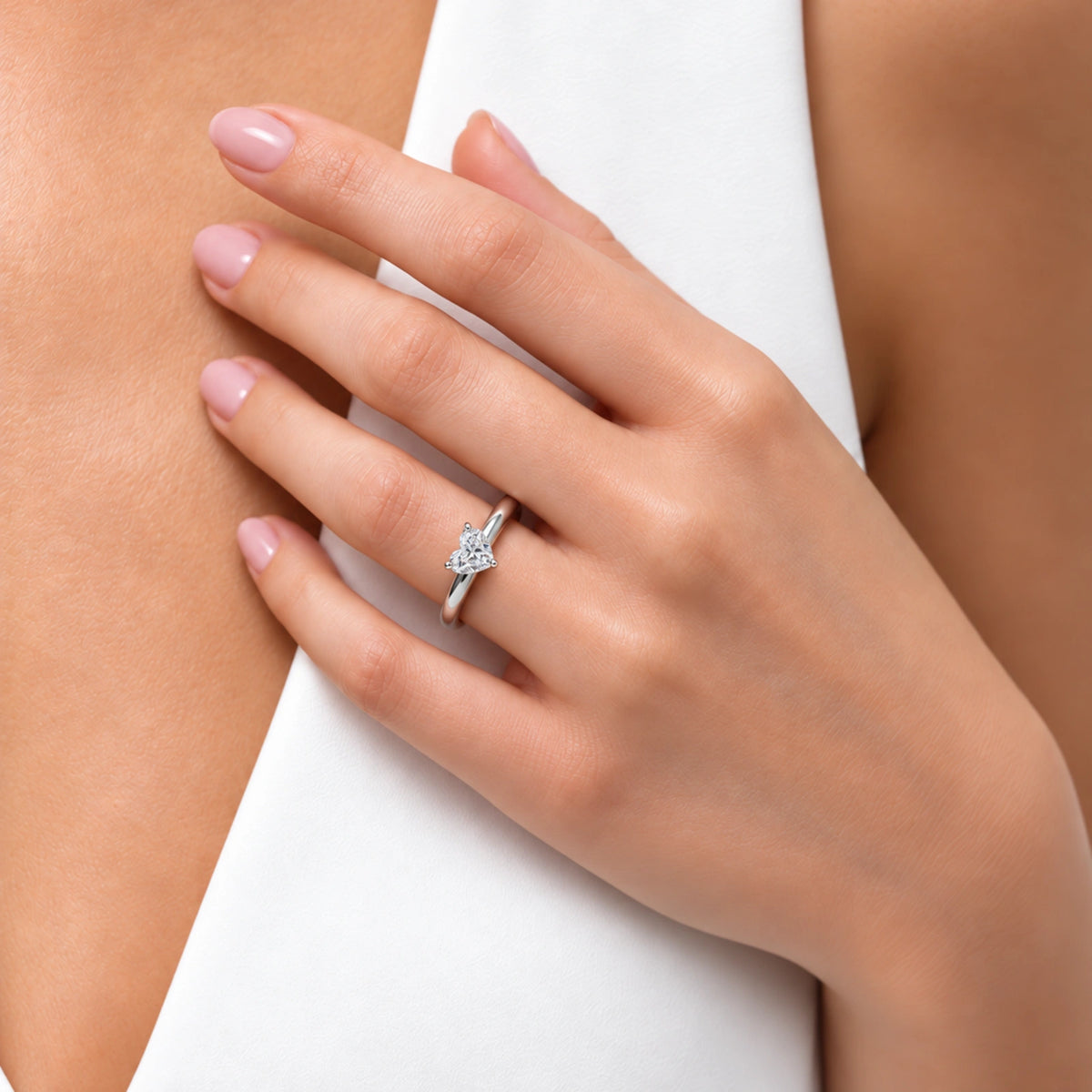 Model Wearing a Romantic Glow 0.5 Ct Heart Cut Diamond Solitaire Ring