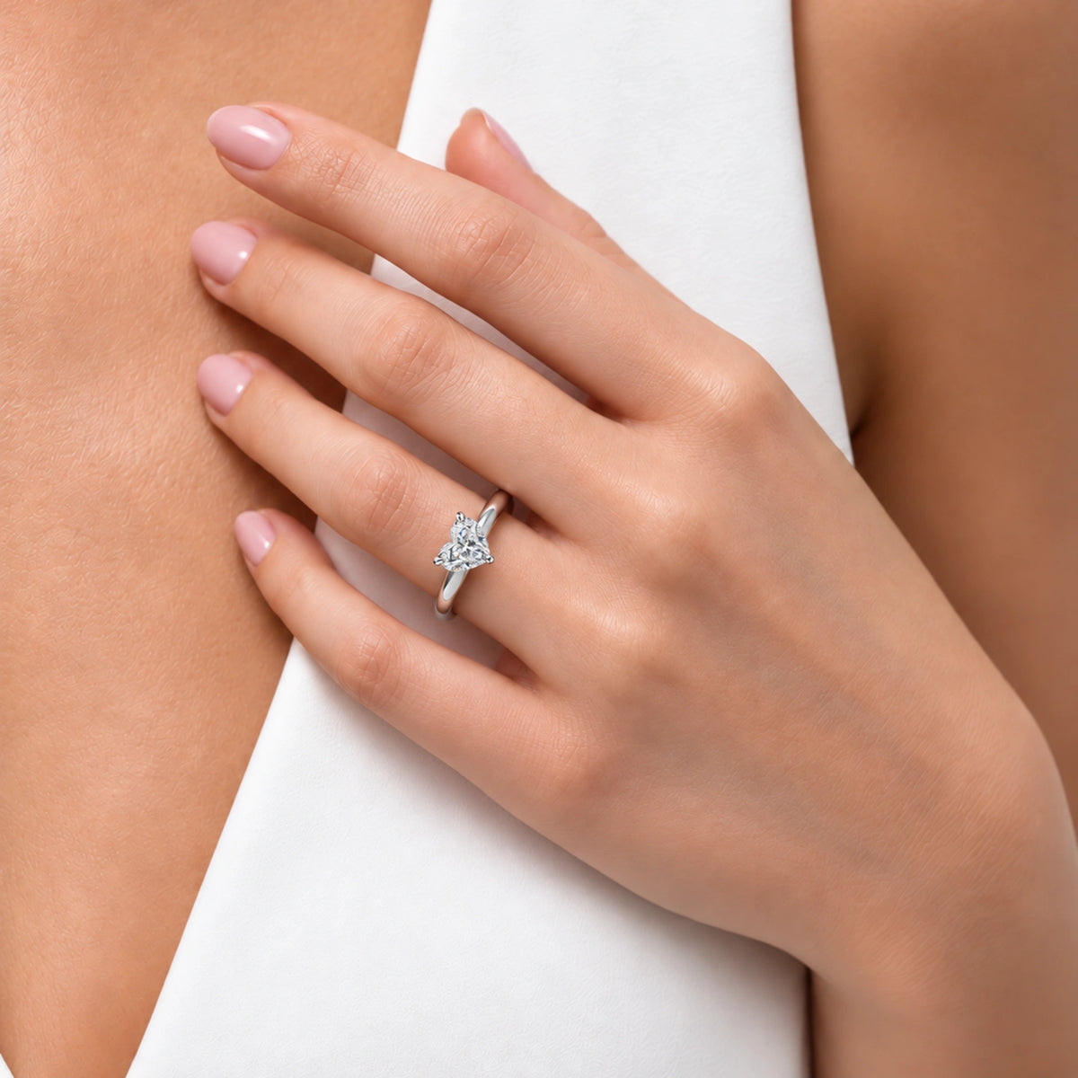Model Wearing 1 Ct Heart Cut Diamond Solitaire Ring