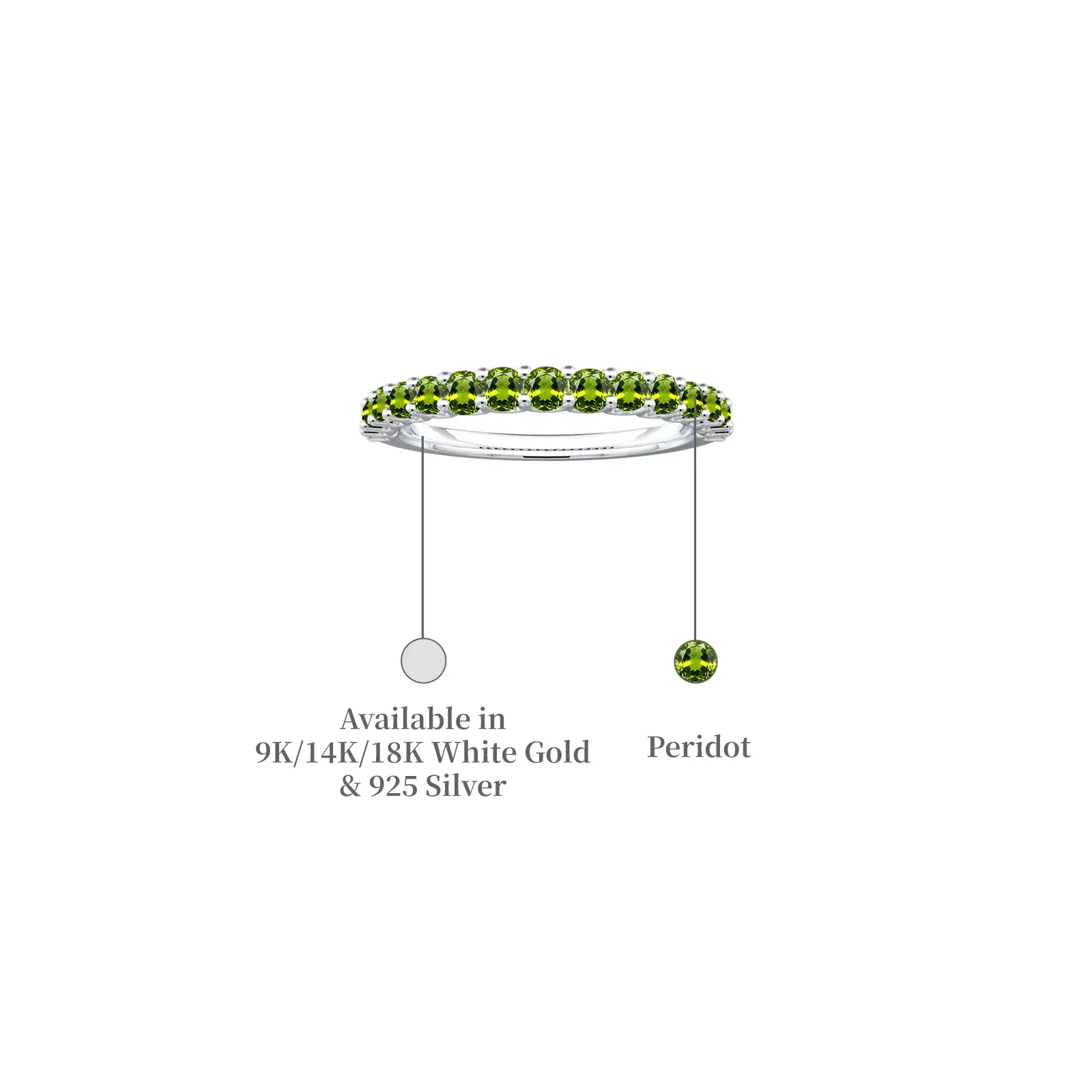 Descriptive image of unique white gold fancy august birthstone half eternity peridot ring