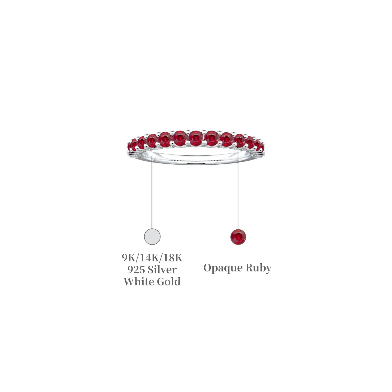 White gold july birthstone half eternity opaque ruby ring descriptive image