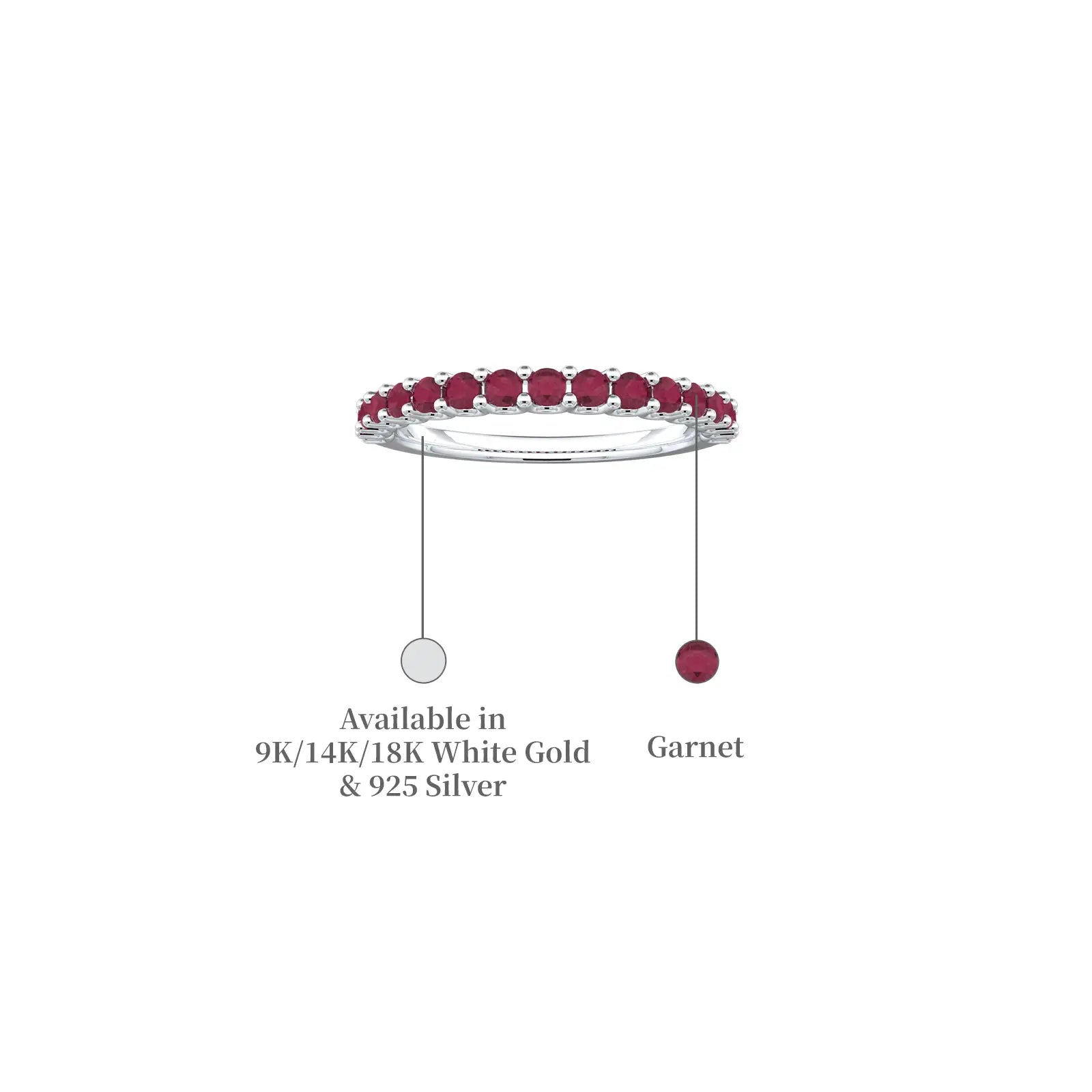 Descriptive image of white gold january birthstone half eternity garnet ring