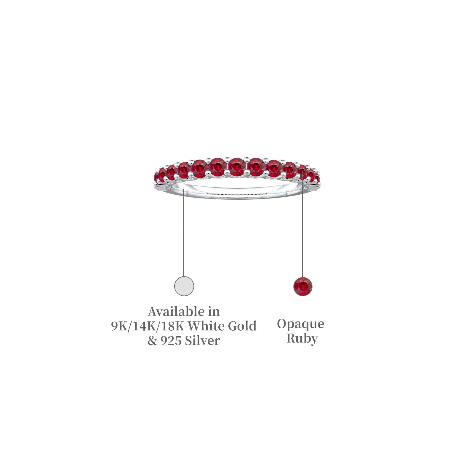 Descriptive image of white gold july birthstone half eternity opaque ruby ring scale image