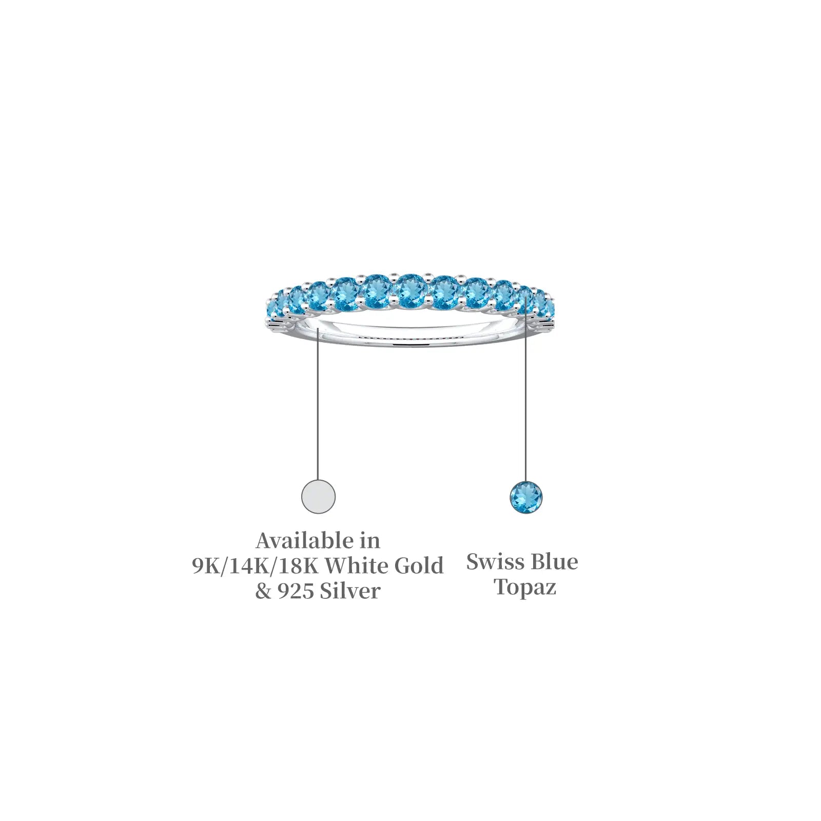 Descriptive image of white gold march birthstone half eternity swiss blue topaz ring